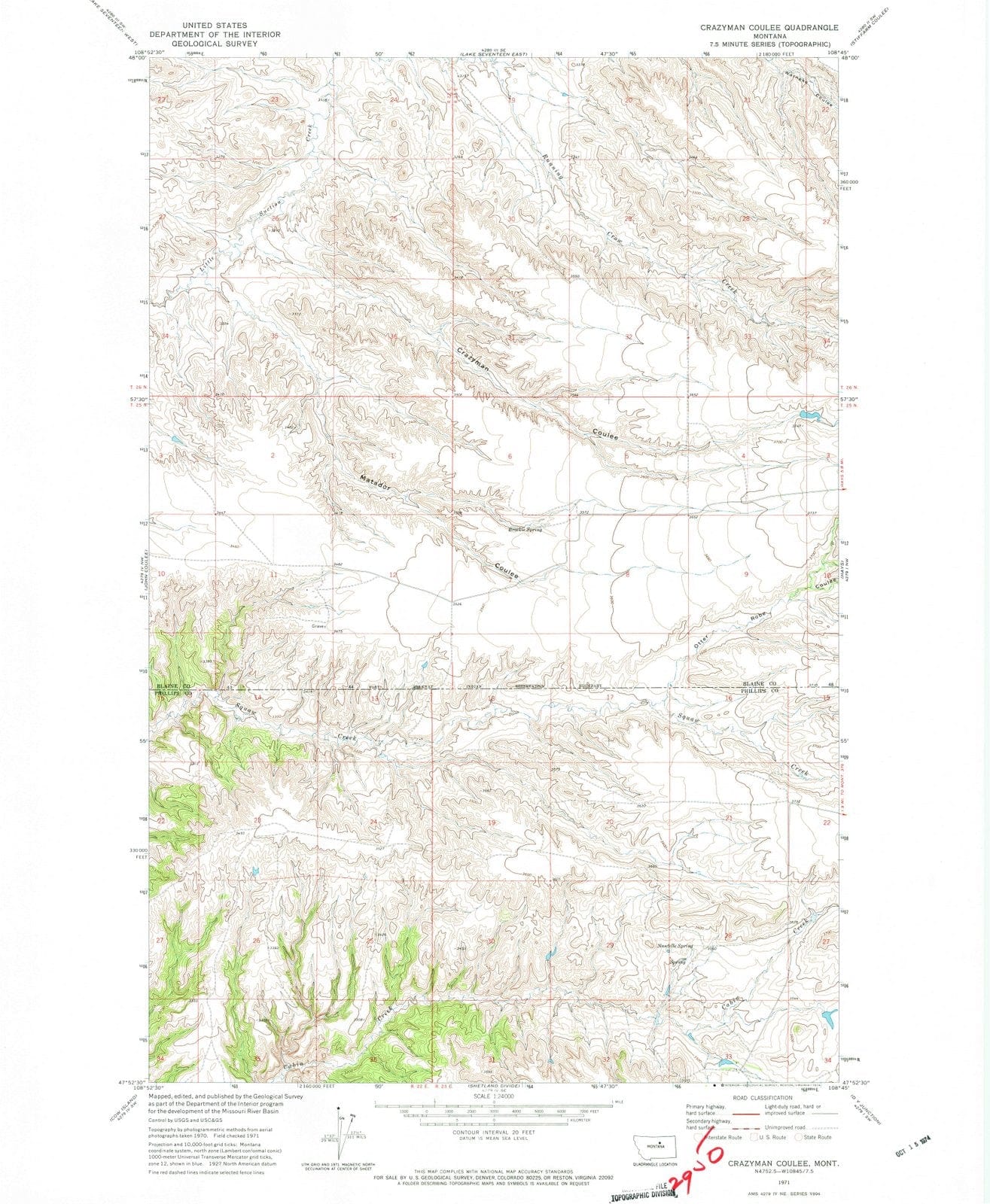 1971 Crazyman Coulee, MT - Montana - USGS Topographic Map