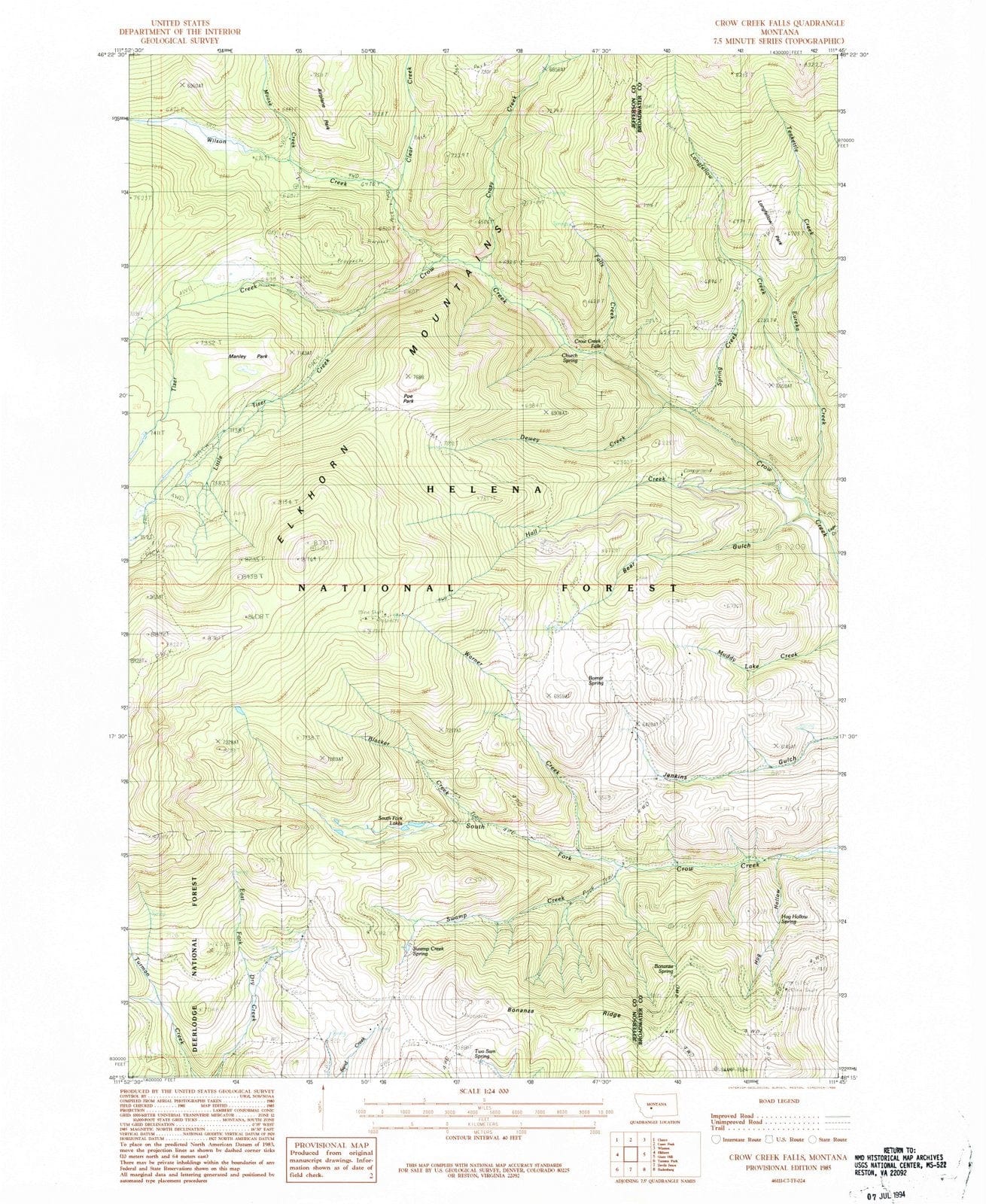 1985 Crow Creek Falls, MT - Montana - USGS Topographic Map