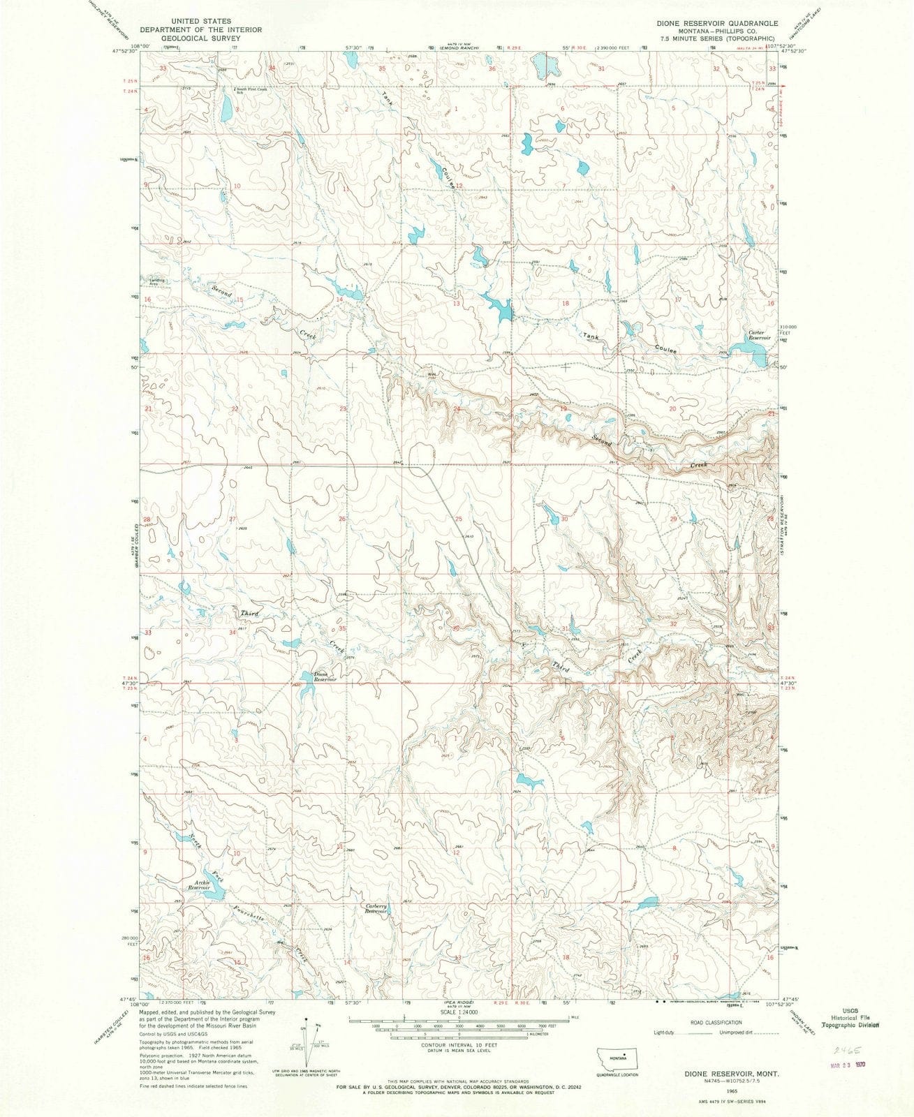 1965 Dione Reservoir, MT - Montana - USGS Topographic Map