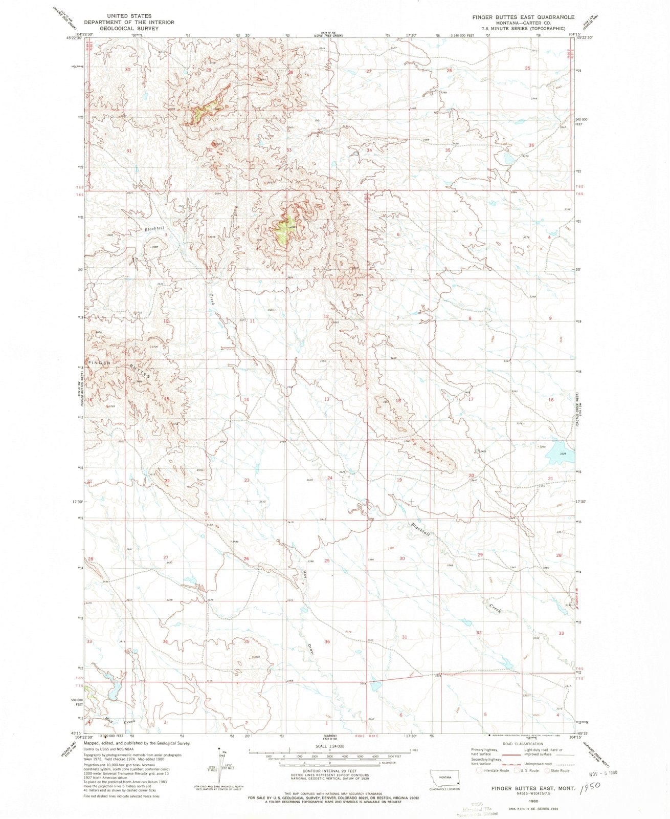 1980 Finger Buttes East, MT - Montana - USGS Topographic Map