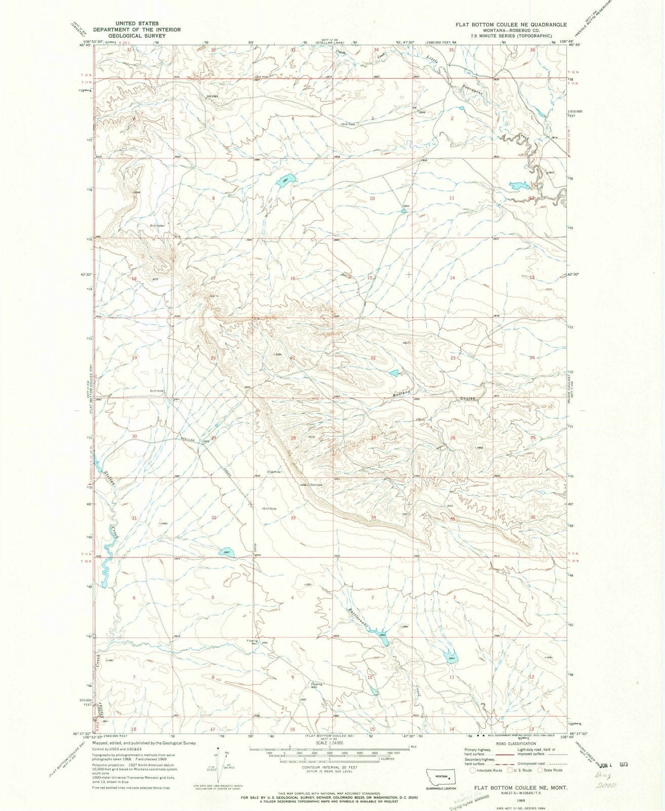1969 Flat Bottom Coulee, MT - Montana - USGS Topographic Map