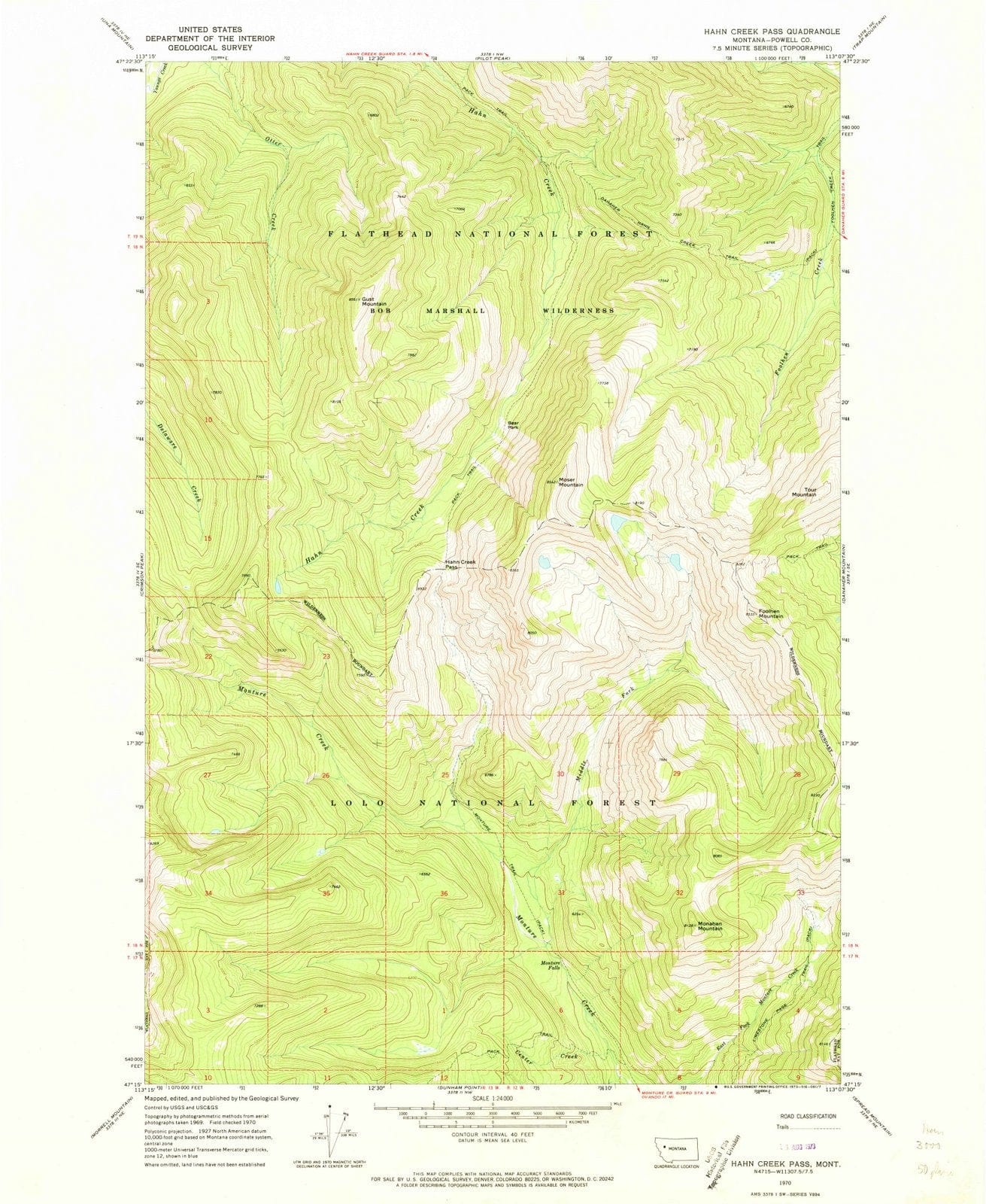 1970 Hahn Creek Pass, MT - Montana - USGS Topographic Map
