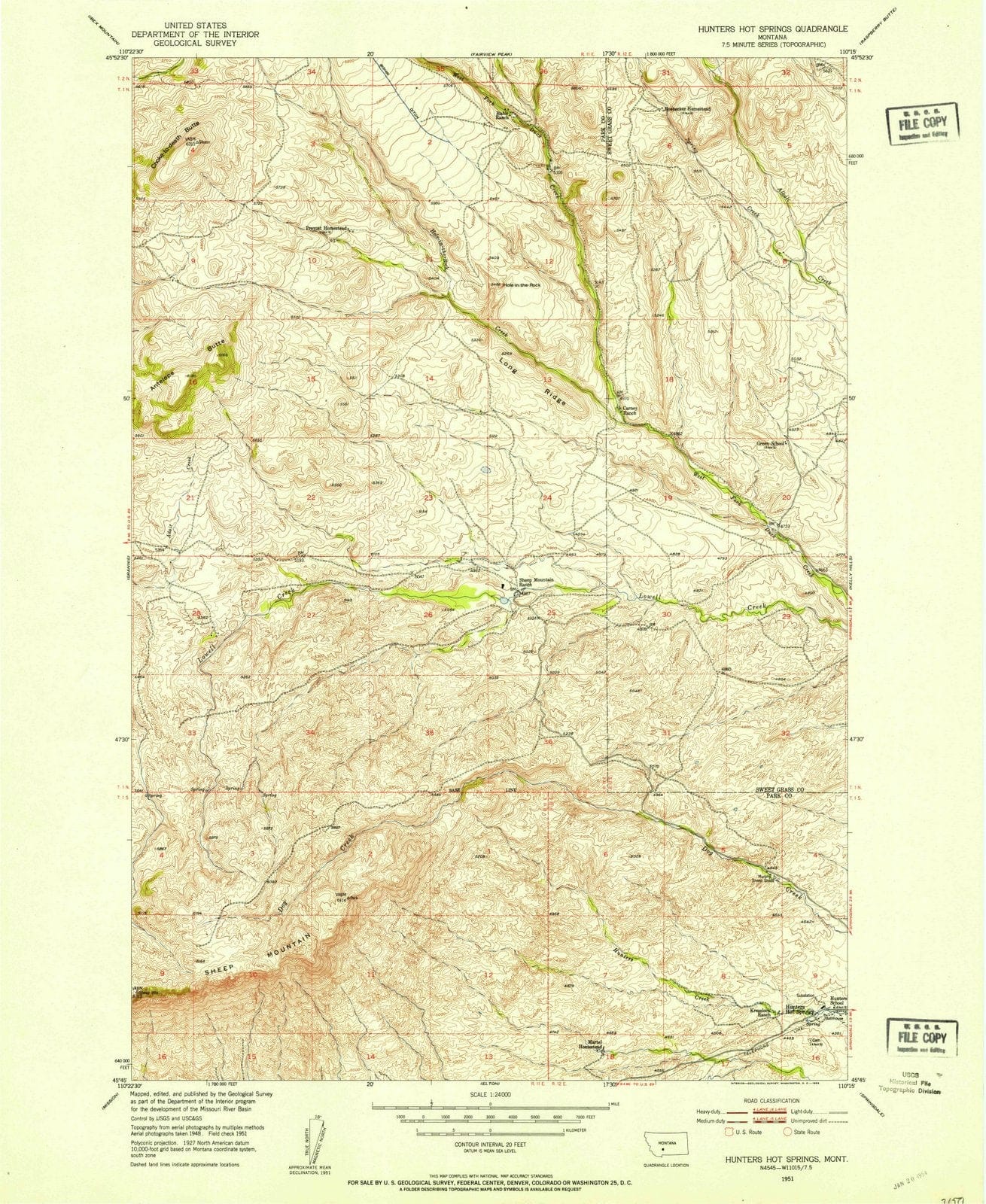 1951 Hunters Hot Springs, MT - Montana - USGS Topographic Map