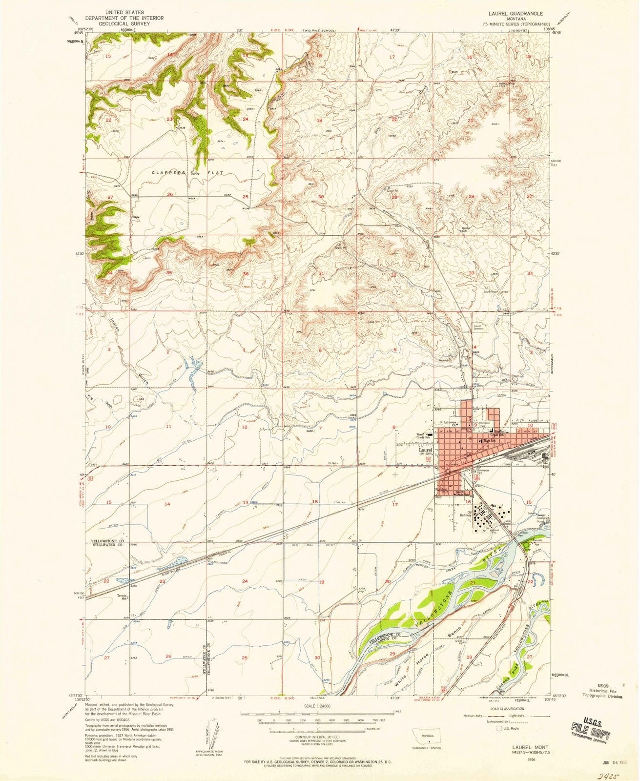 1956 Laurel, MT - Montana - USGS Topographic Map