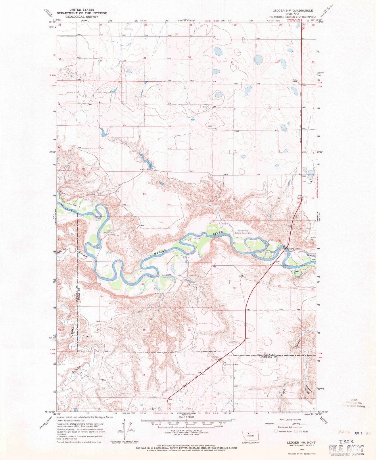 1967 Ledger, MT - Montana - USGS Topographic Map