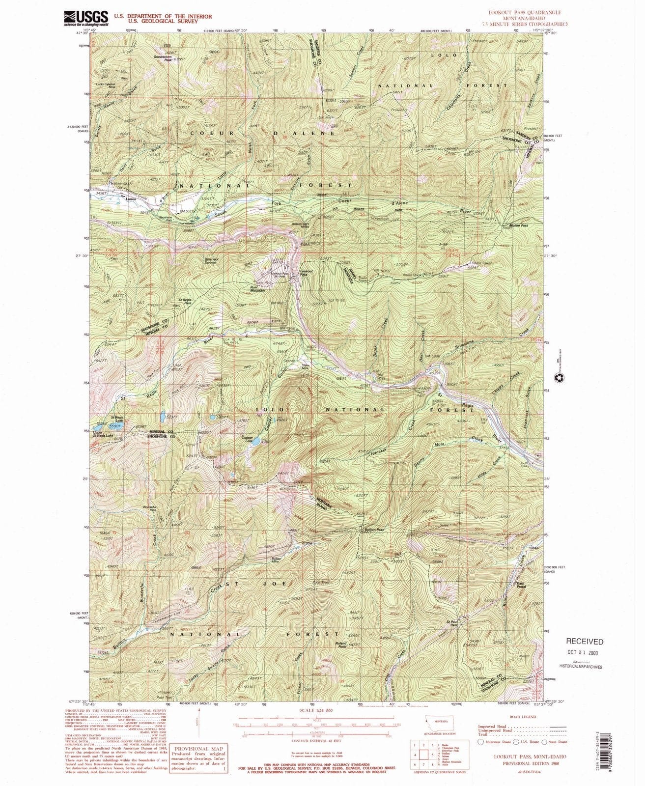 1988 Lookout Pass, MT - Montana - USGS Topographic Map