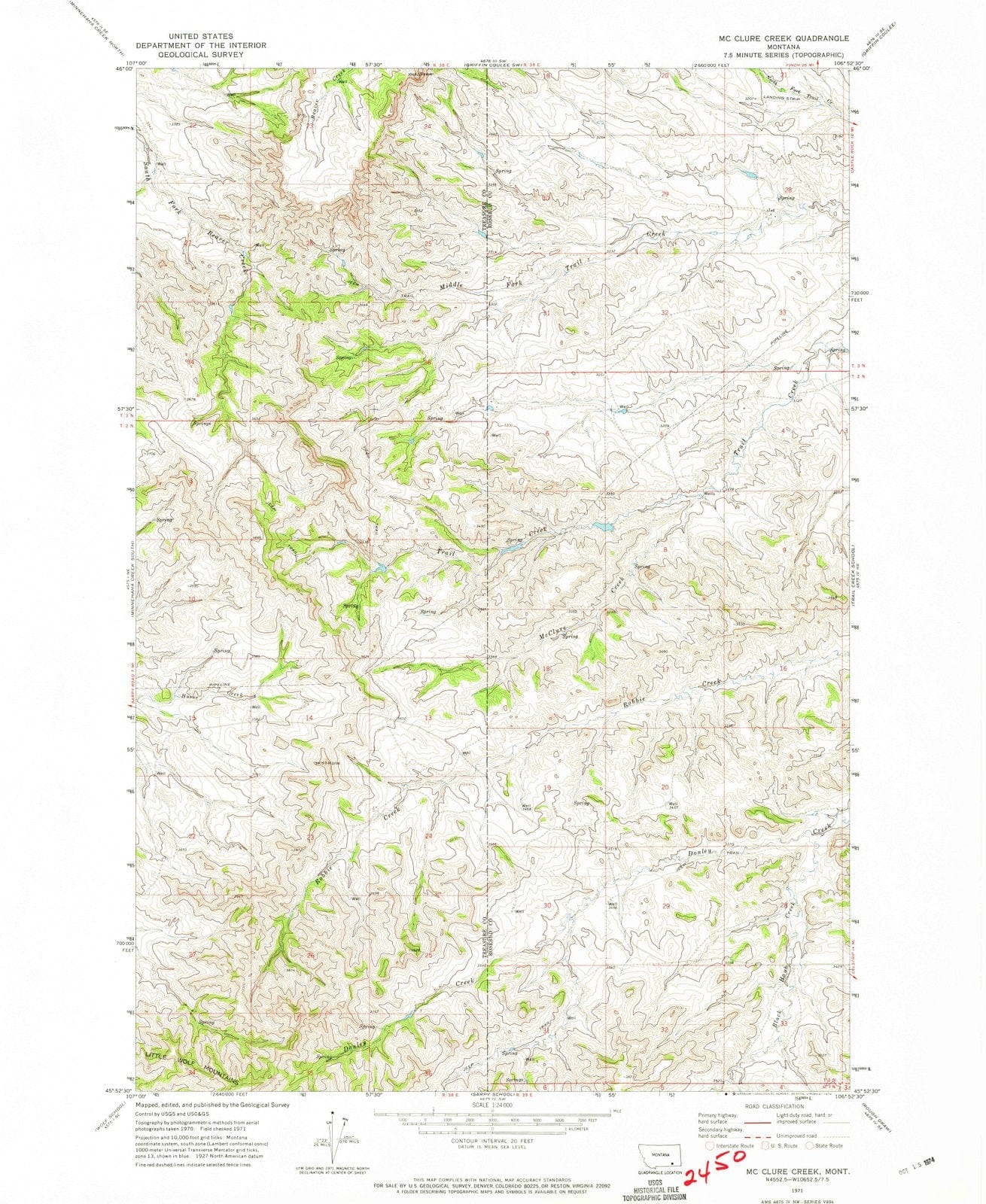 1971 Mc Clure Creek, MT - Montana - USGS Topographic Map