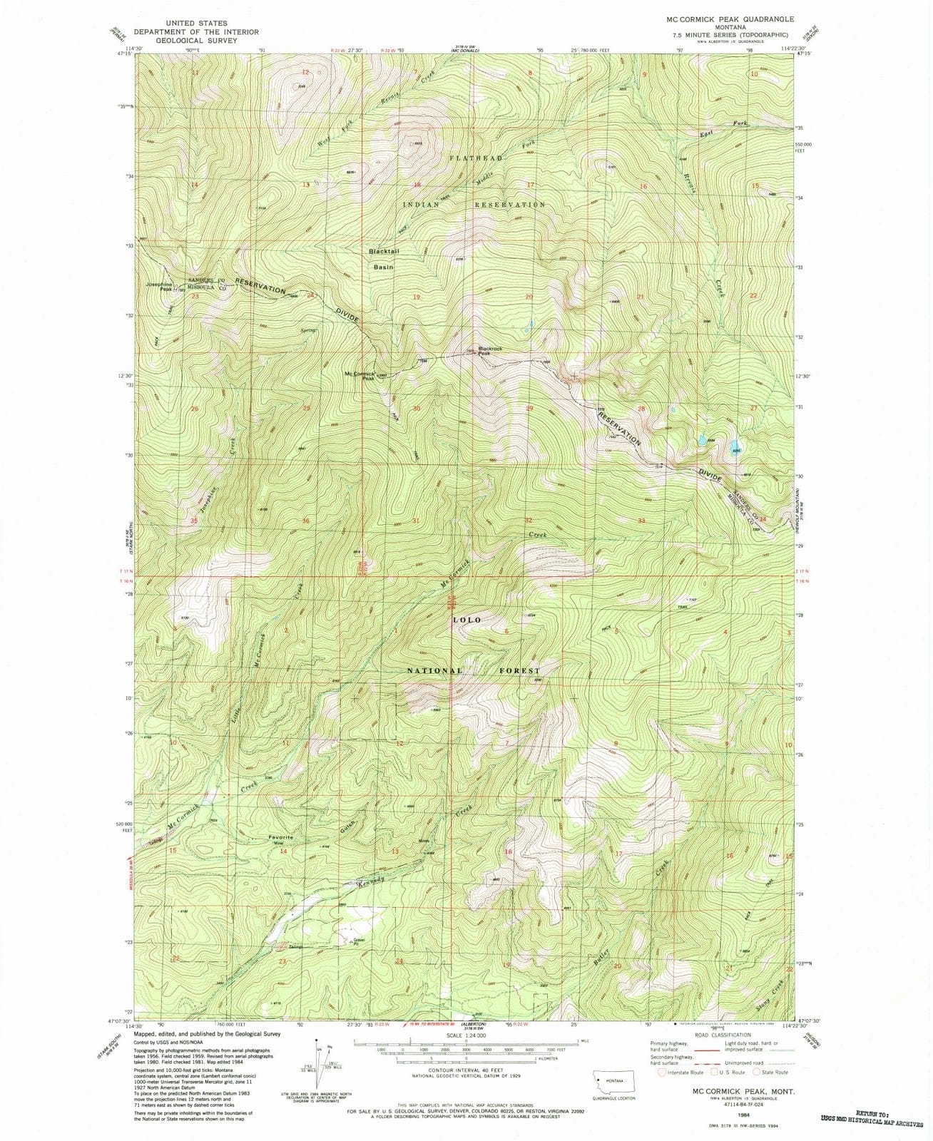 1984 Mc Cormick Peak, MT - Montana - USGS Topographic Map