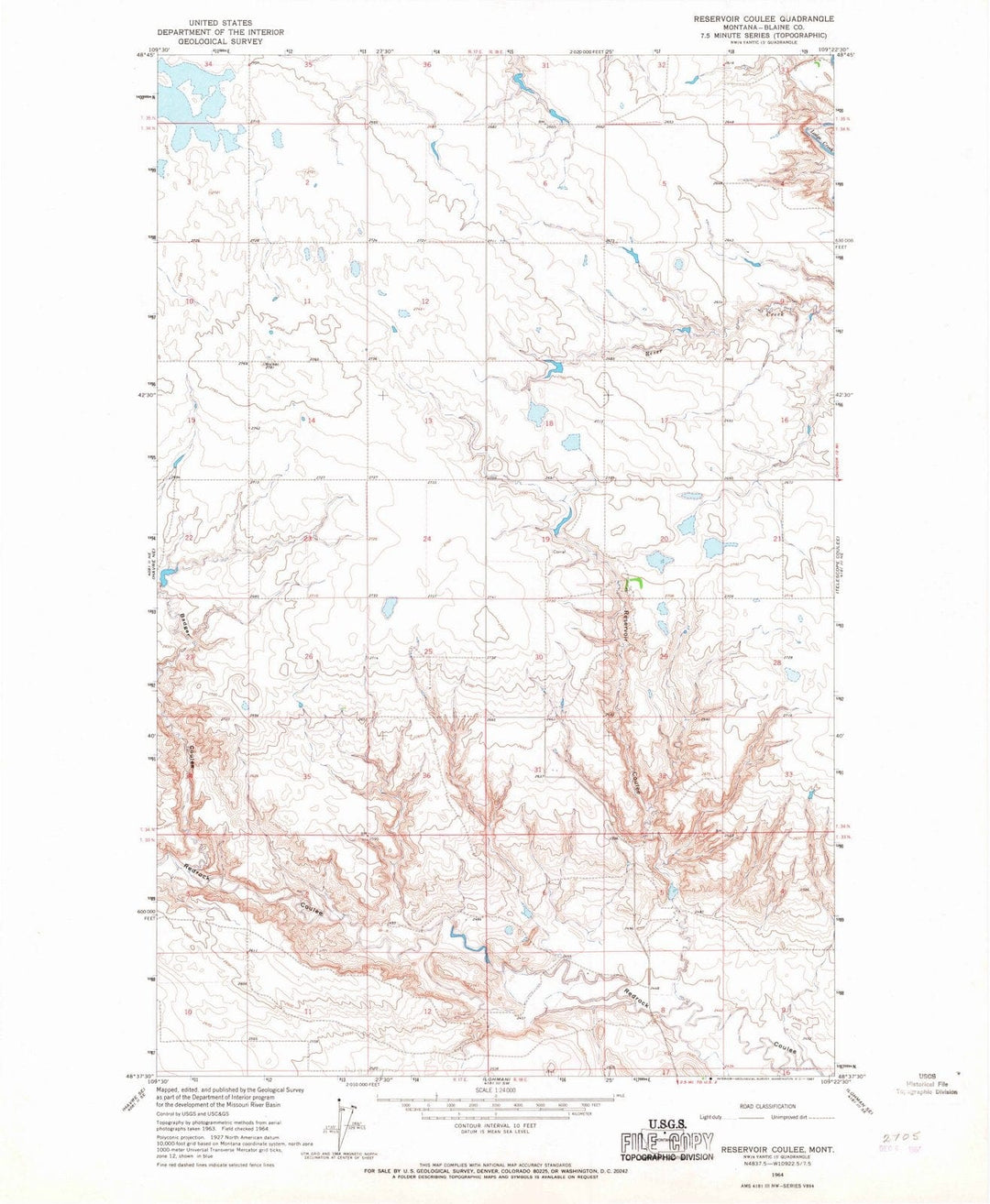 1964 Reservoir Coulee, MT - Montana - USGS Topographic Map