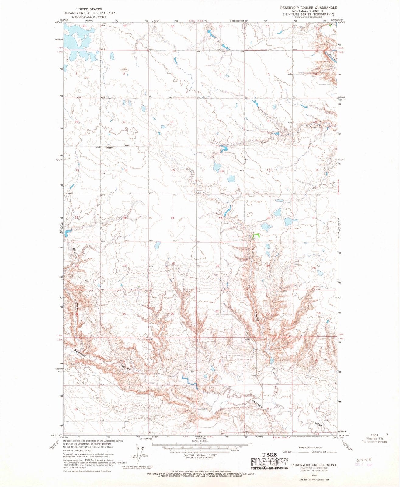 1964 Reservoir Coulee, MT - Montana - USGS Topographic Map