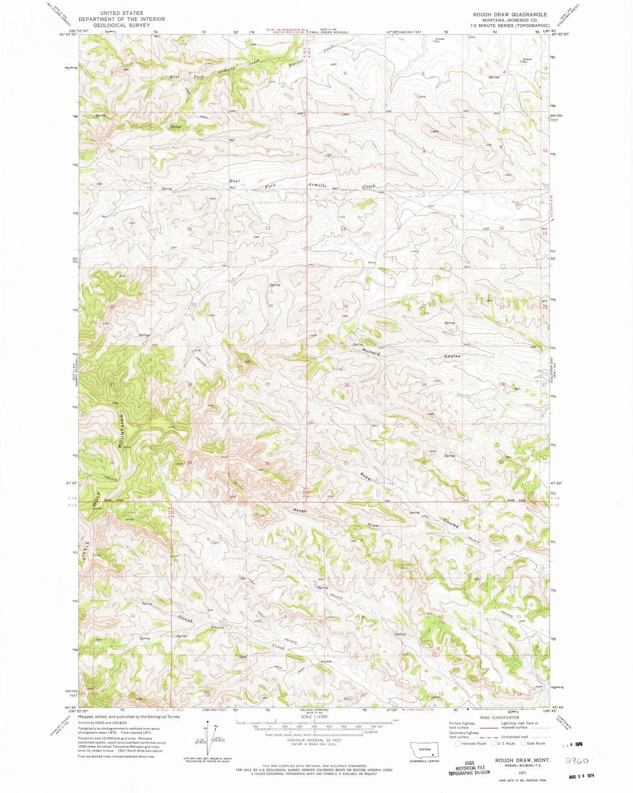 1971 Roughraw, MT - Montana - USGS Topographic Map