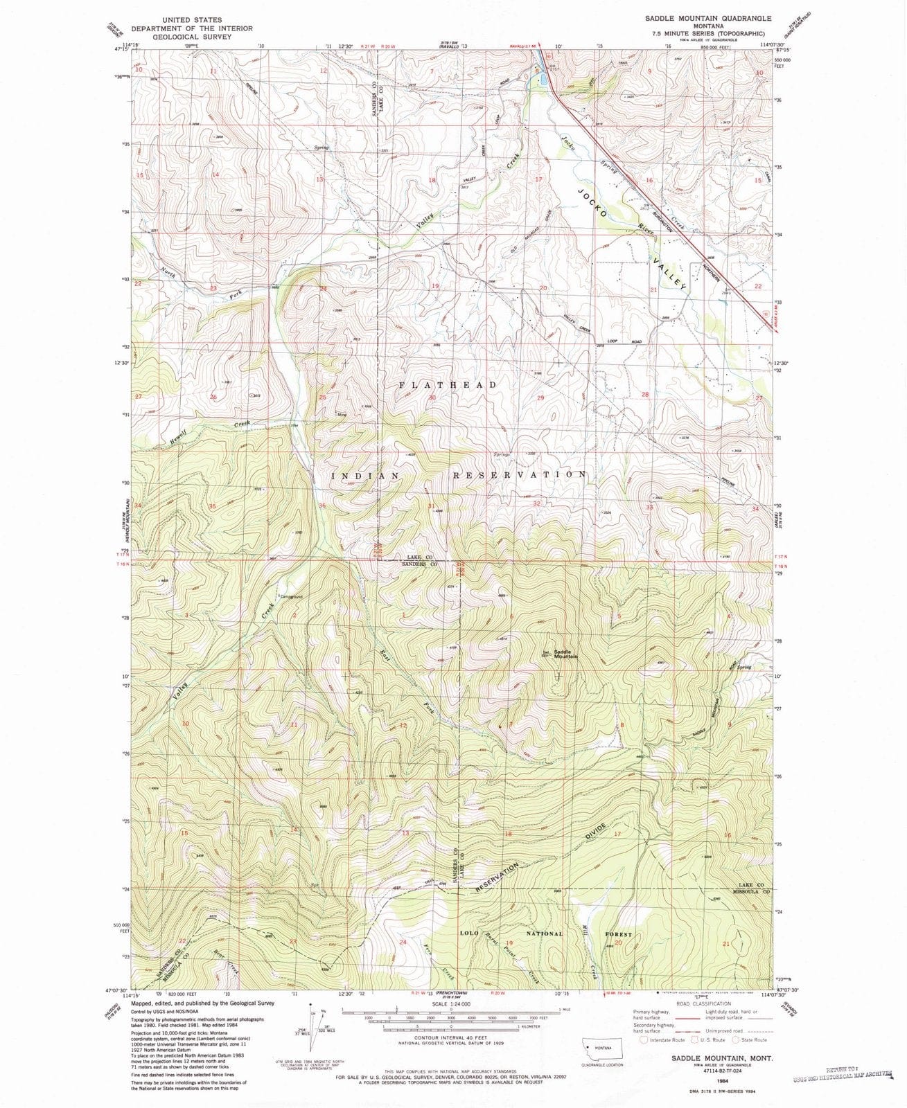 1984 Saddle Mountain, MT - Montana - USGS Topographic Map