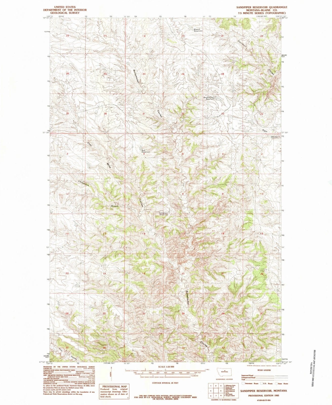 1985 Sandpiper Reservoir, MT - Montana - USGS Topographic Map