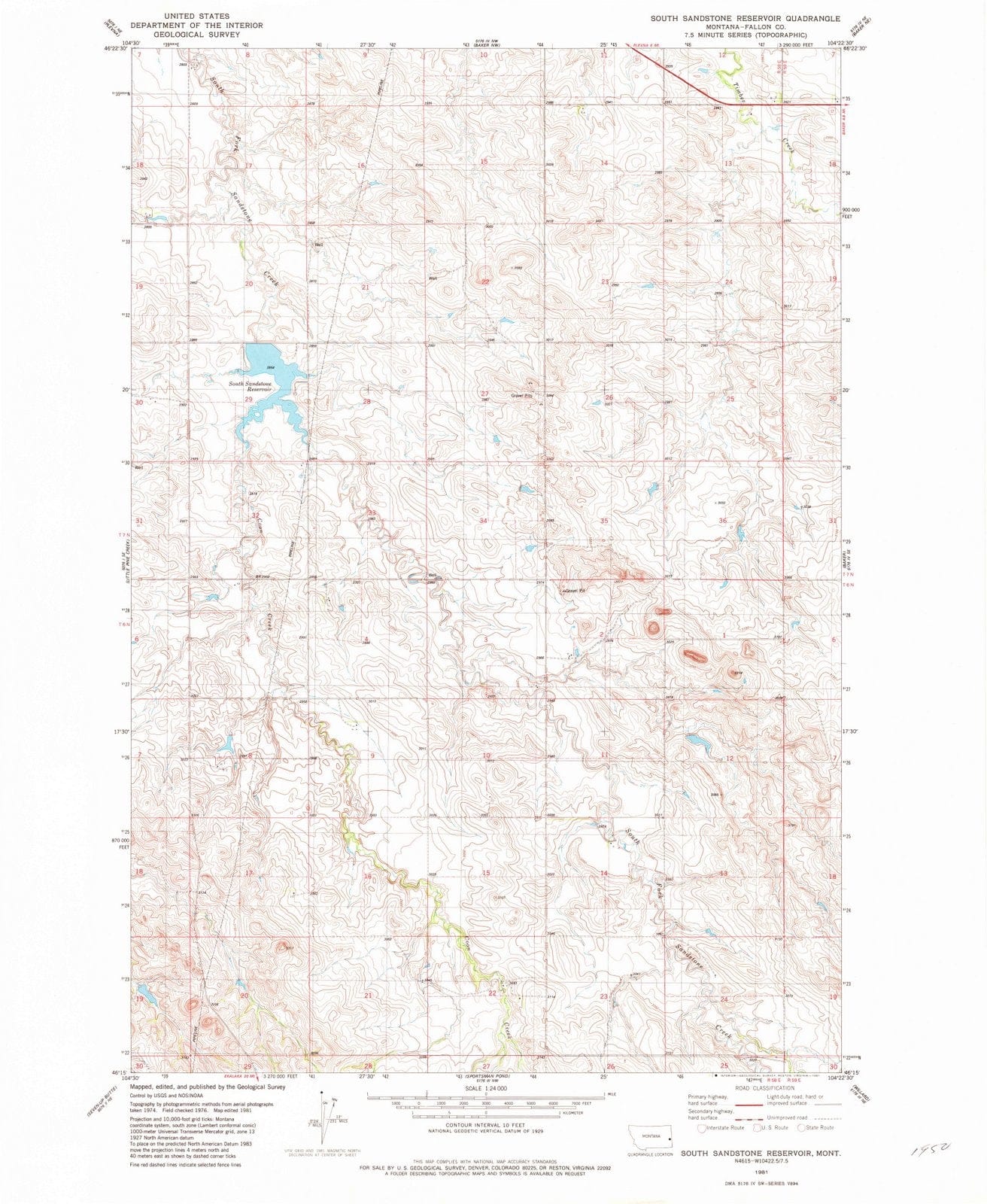 1981 South Sandstone Reservoir, MT - Montana - USGS Topographic Map