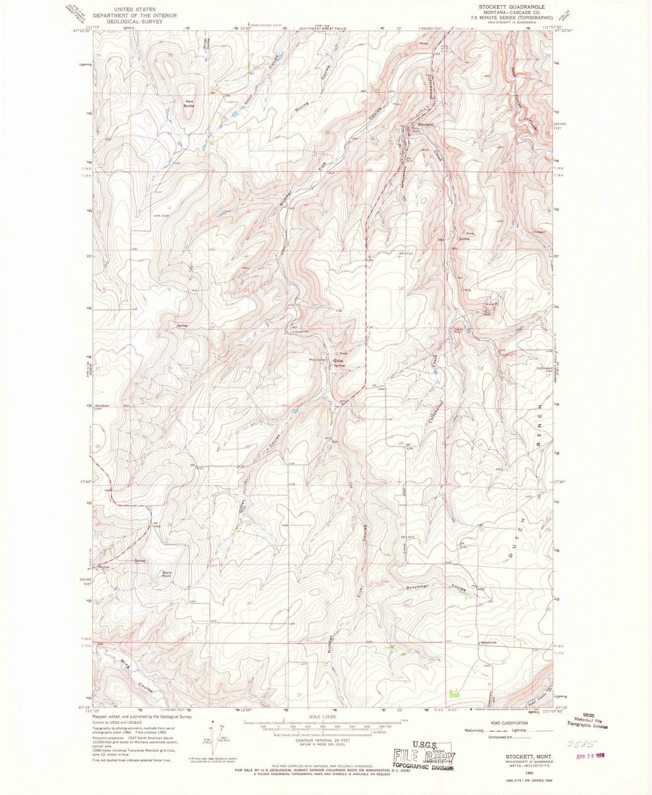 1965 Stockett, MT - Montana - USGS Topographic Map