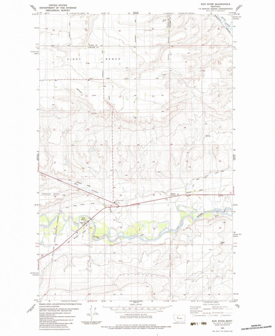 1983 Sun River, MT - Montana - USGS Topographic Map