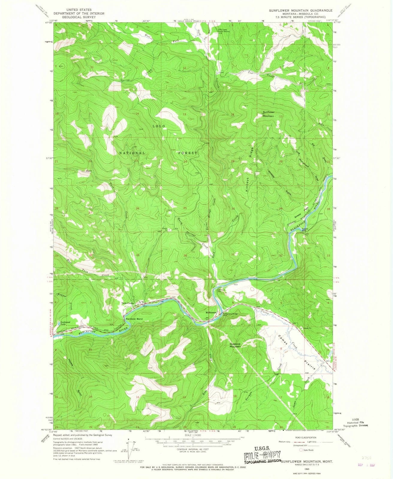 1965 Sunflower Mountain, MT - Montana - USGS Topographic Map