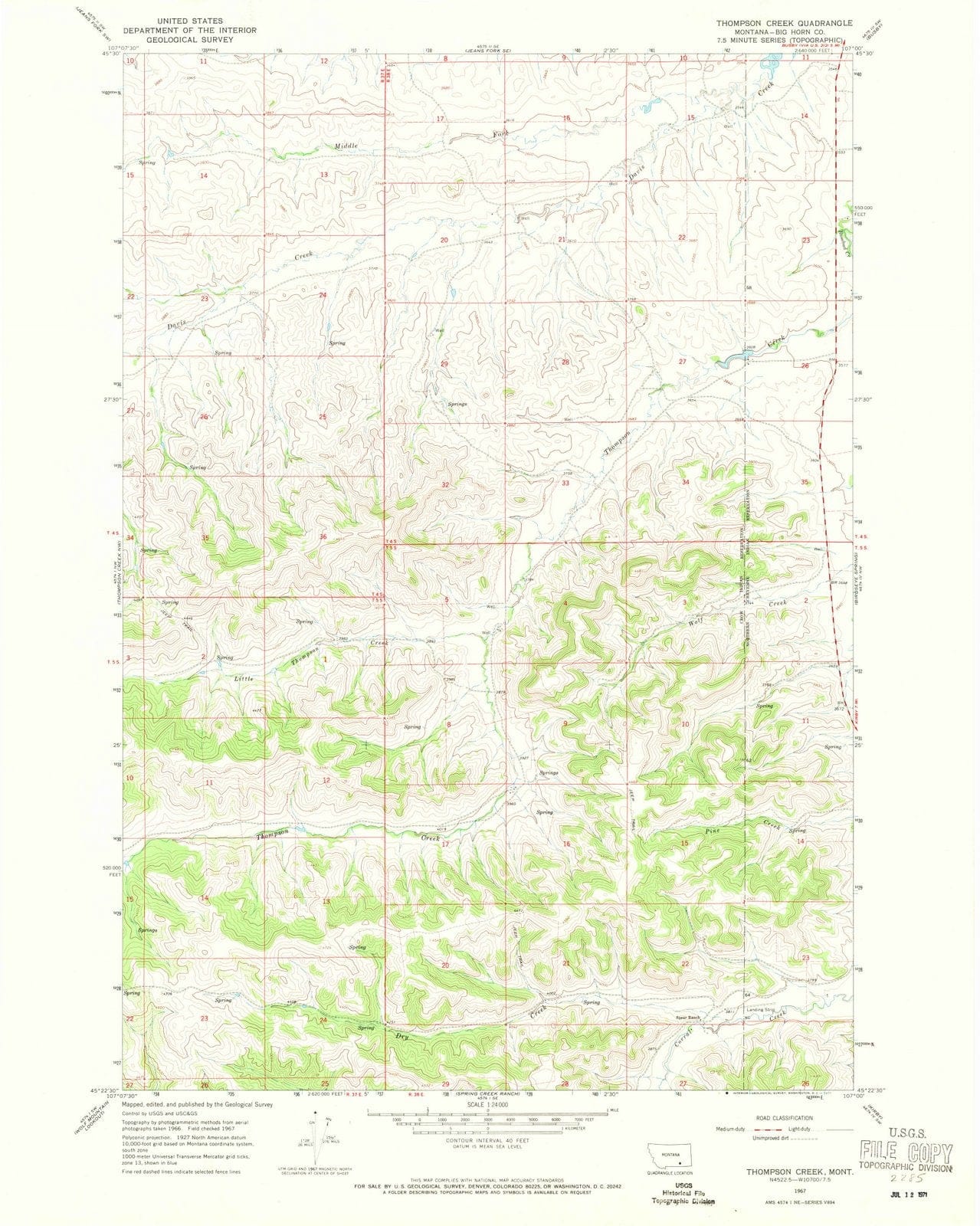 1967 Thompson Creek, MT - Montana - USGS Topographic Map v2