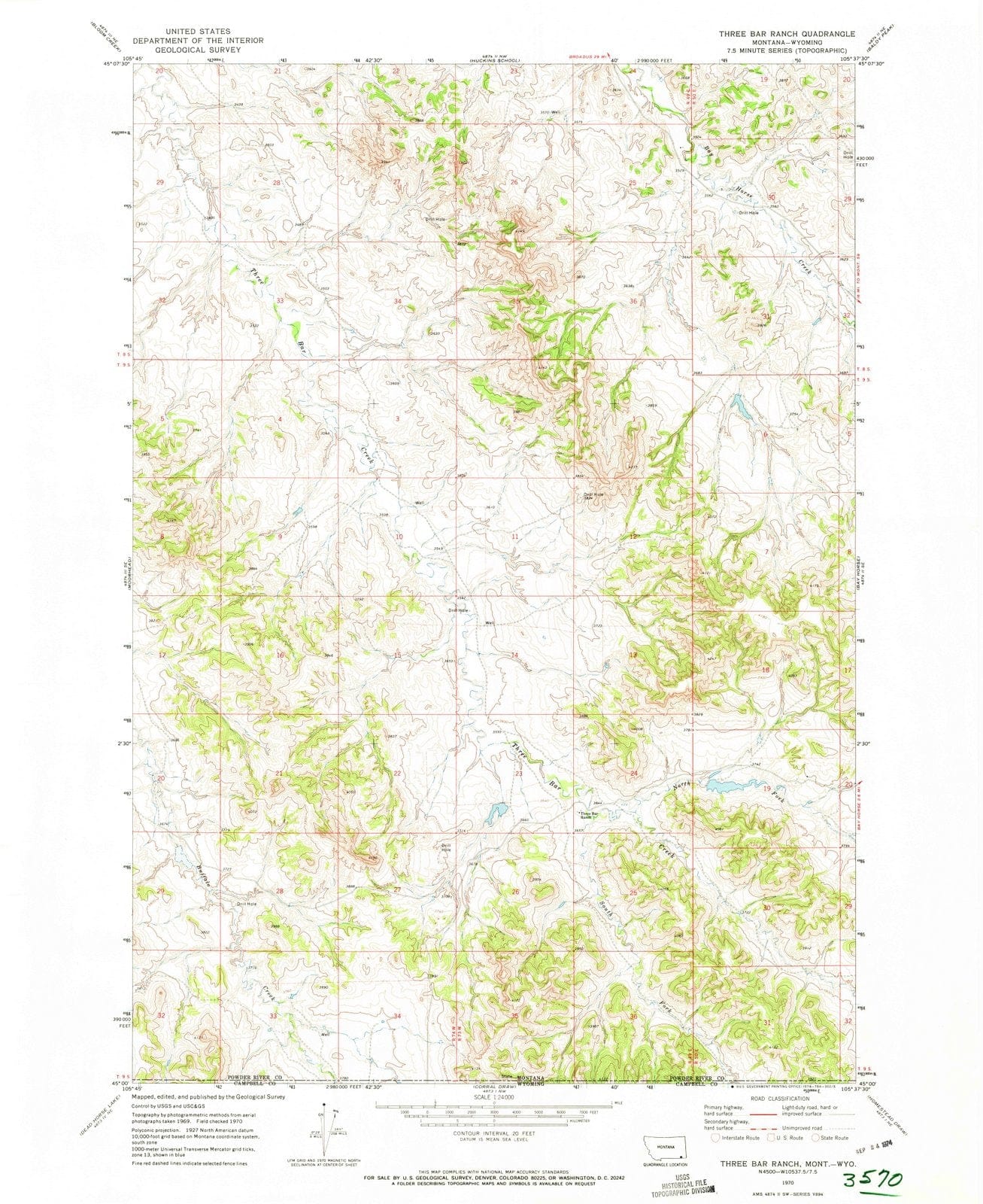 1970 Three Bar Ranch, MT - Montana - USGS Topographic Map