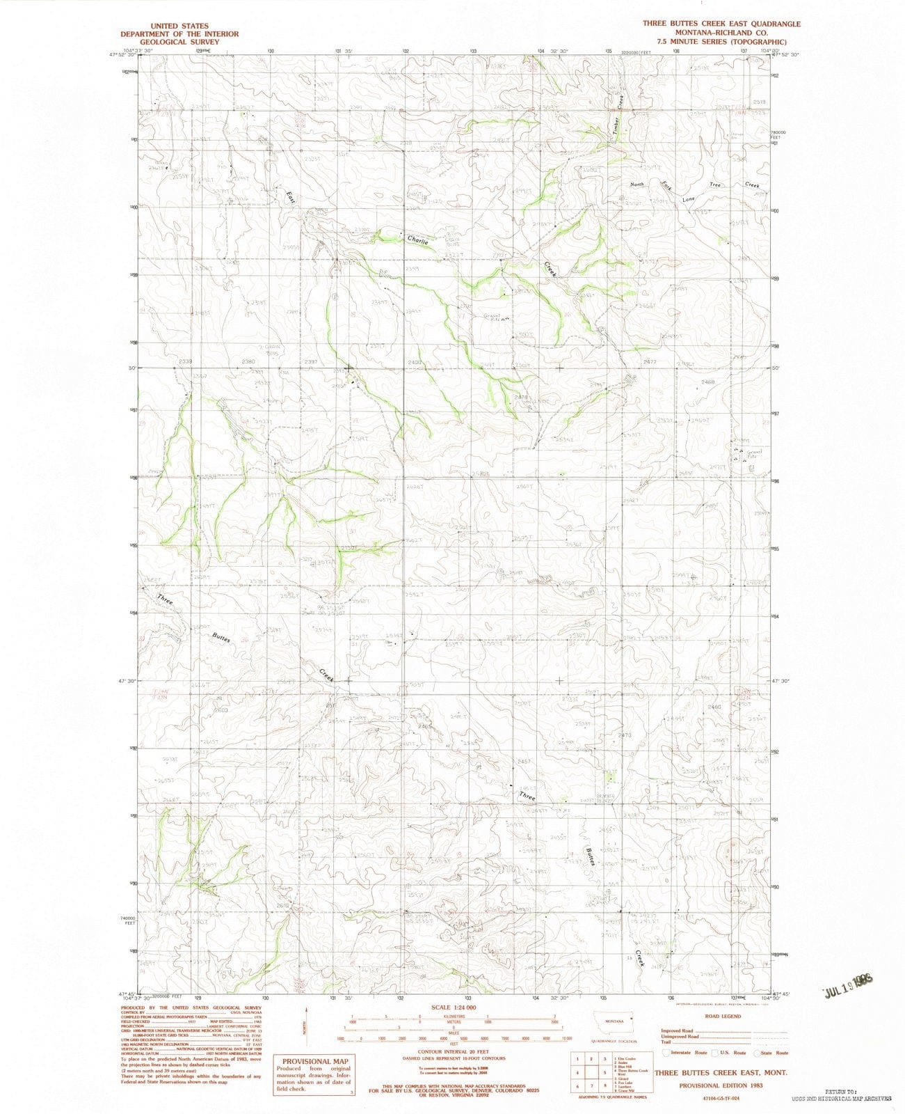 1983 Three Buttes Creek East, MT - Montana - USGS Topographic Map