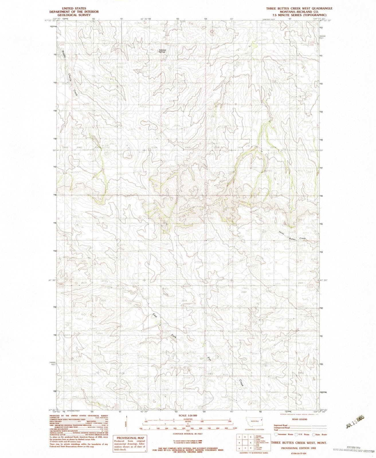 1983 Three Buttes Creek West, MT - Montana - USGS Topographic Map