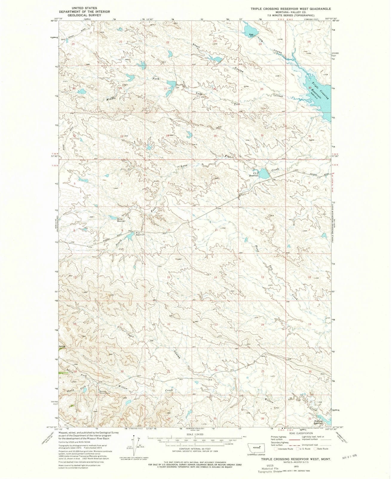 1973 Triple Crossing Reservoir West, MT - Montana - USGS Topographic Map