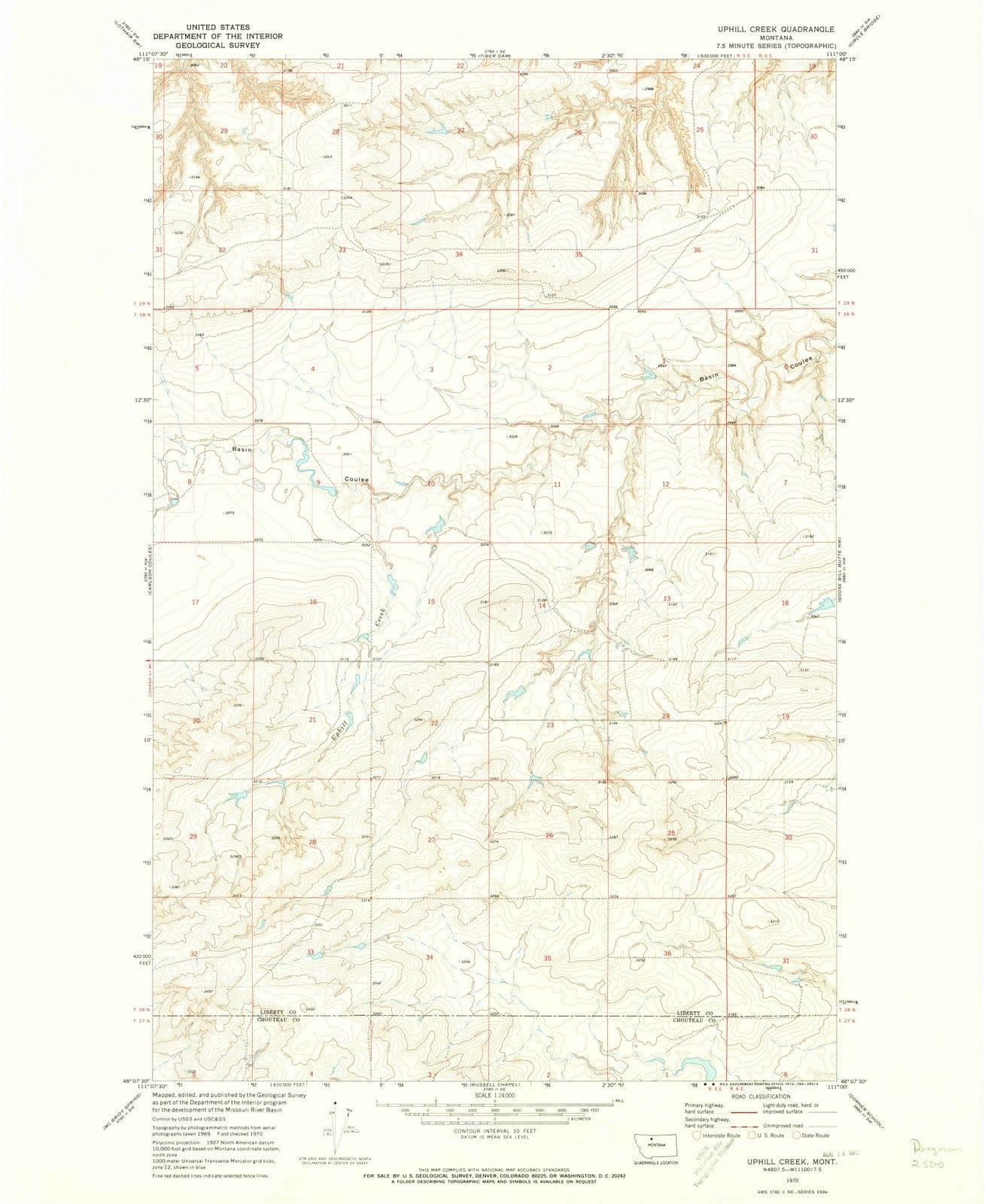 1970 Uphill Creek, MT - Montana - USGS Topographic Map