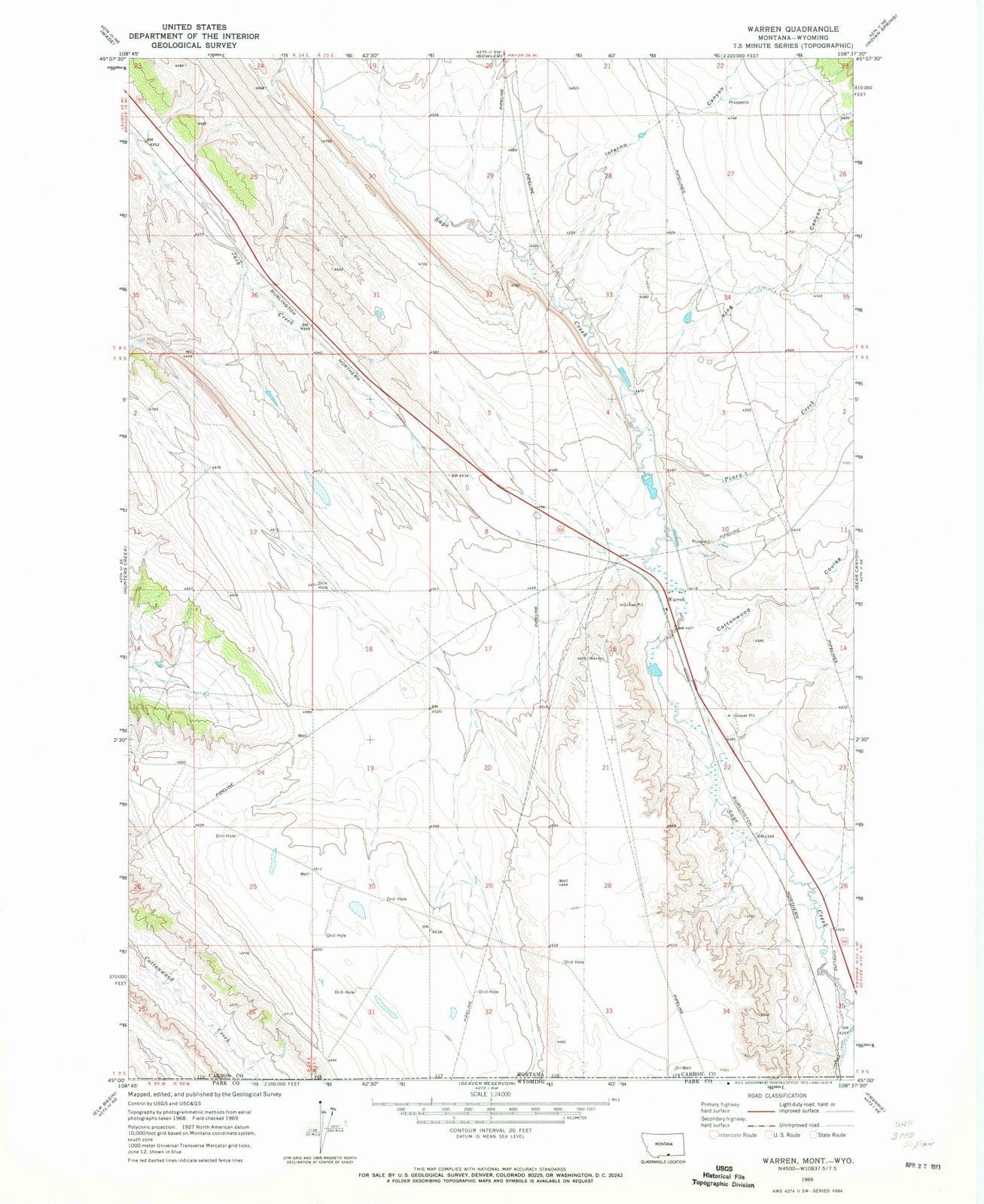 1969 Warren, MT - Montana - USGS Topographic Map