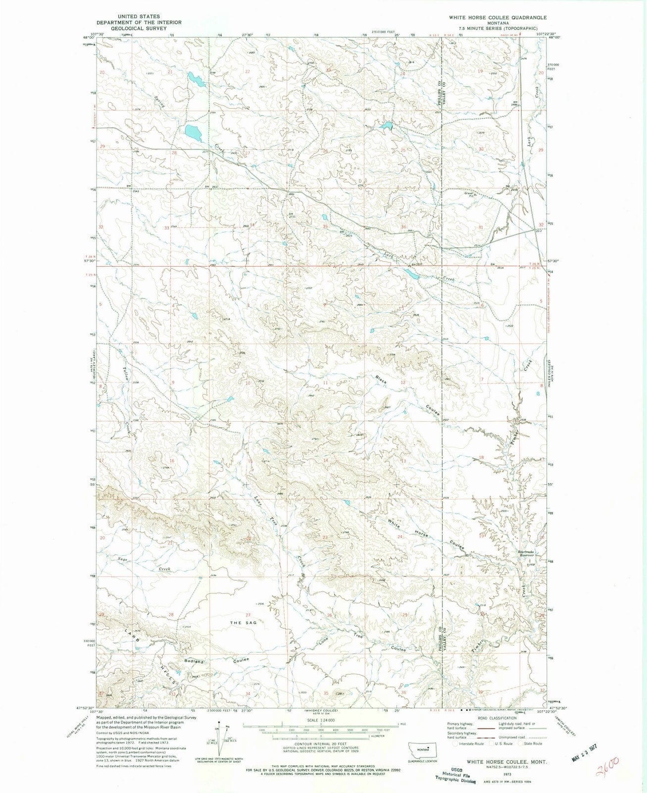 1973 White Horse Coulee, MT - Montana - USGS Topographic Map