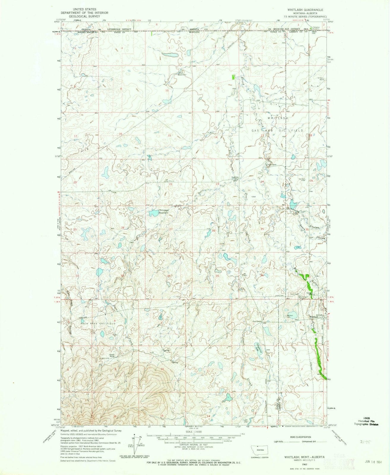 1962 Whitlash, MT - Montana - USGS Topographic Map