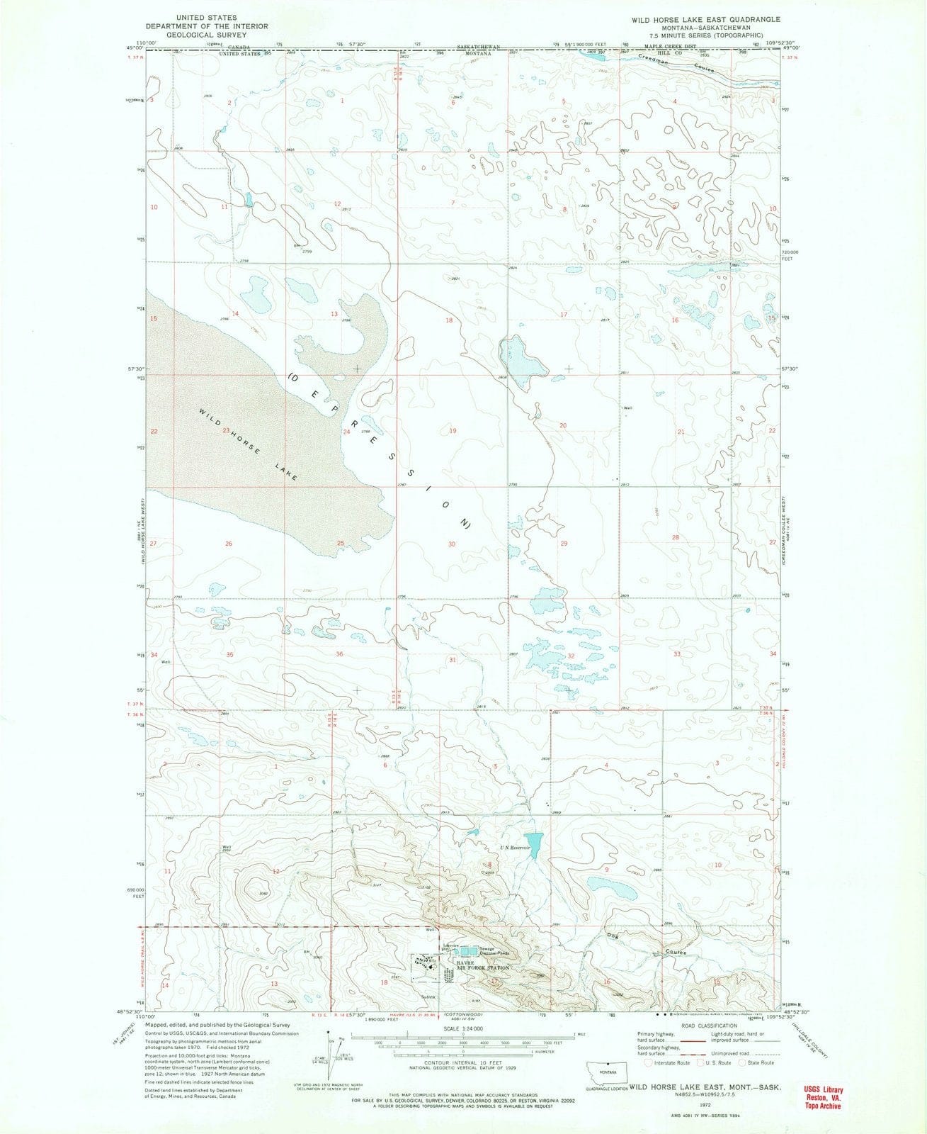 1972 Wild Horse Lake East, MT - Montana - USGS Topographic Map