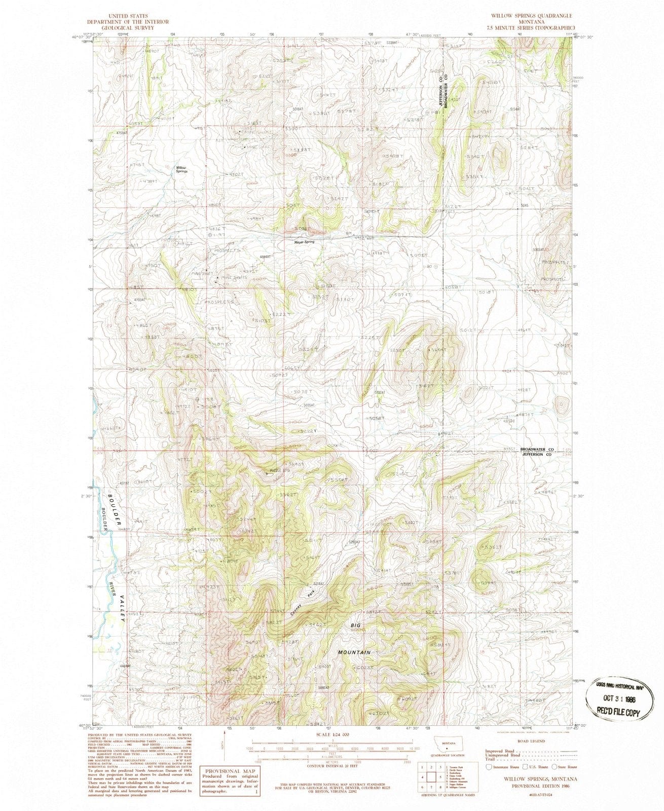 1986 Willow Springs, MT - Montana - USGS Topographic Map