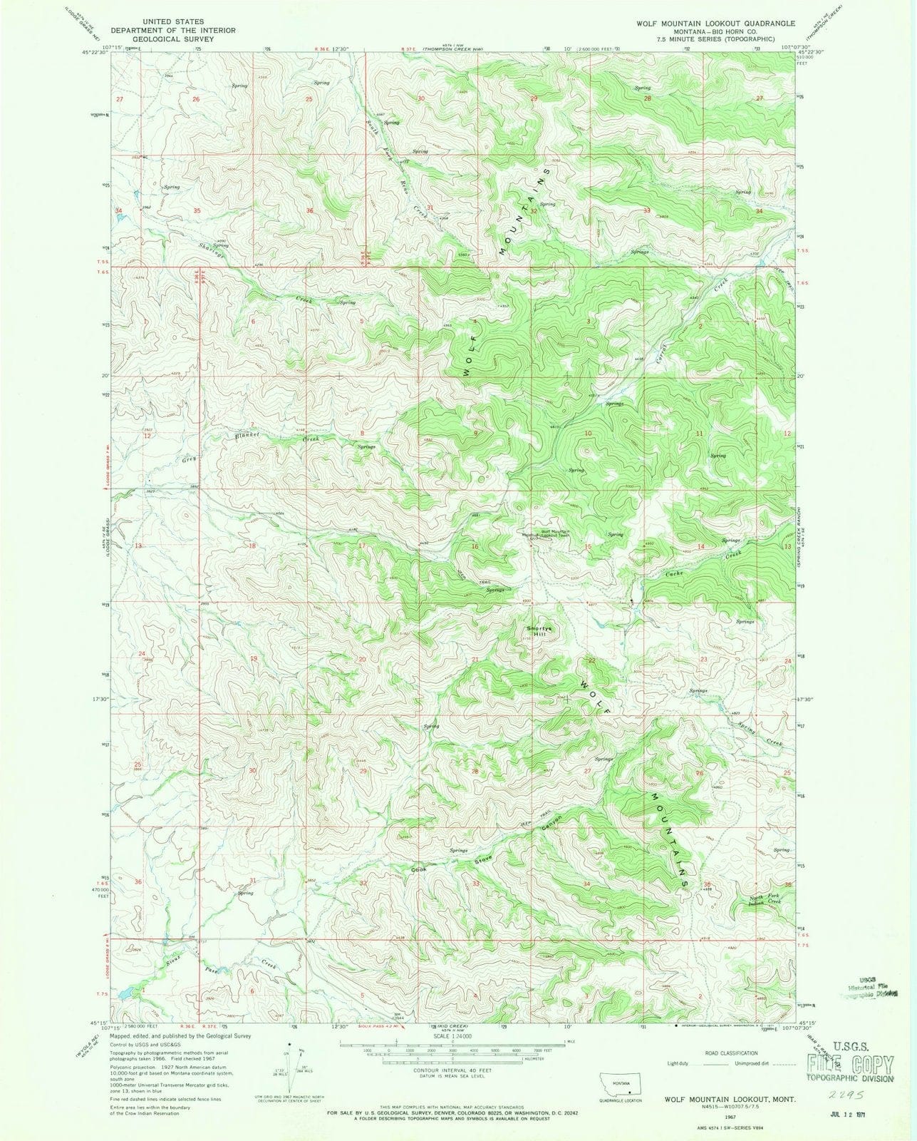 1967 Wolf Mountain Lookout, MT - Montana - USGS Topographic Map