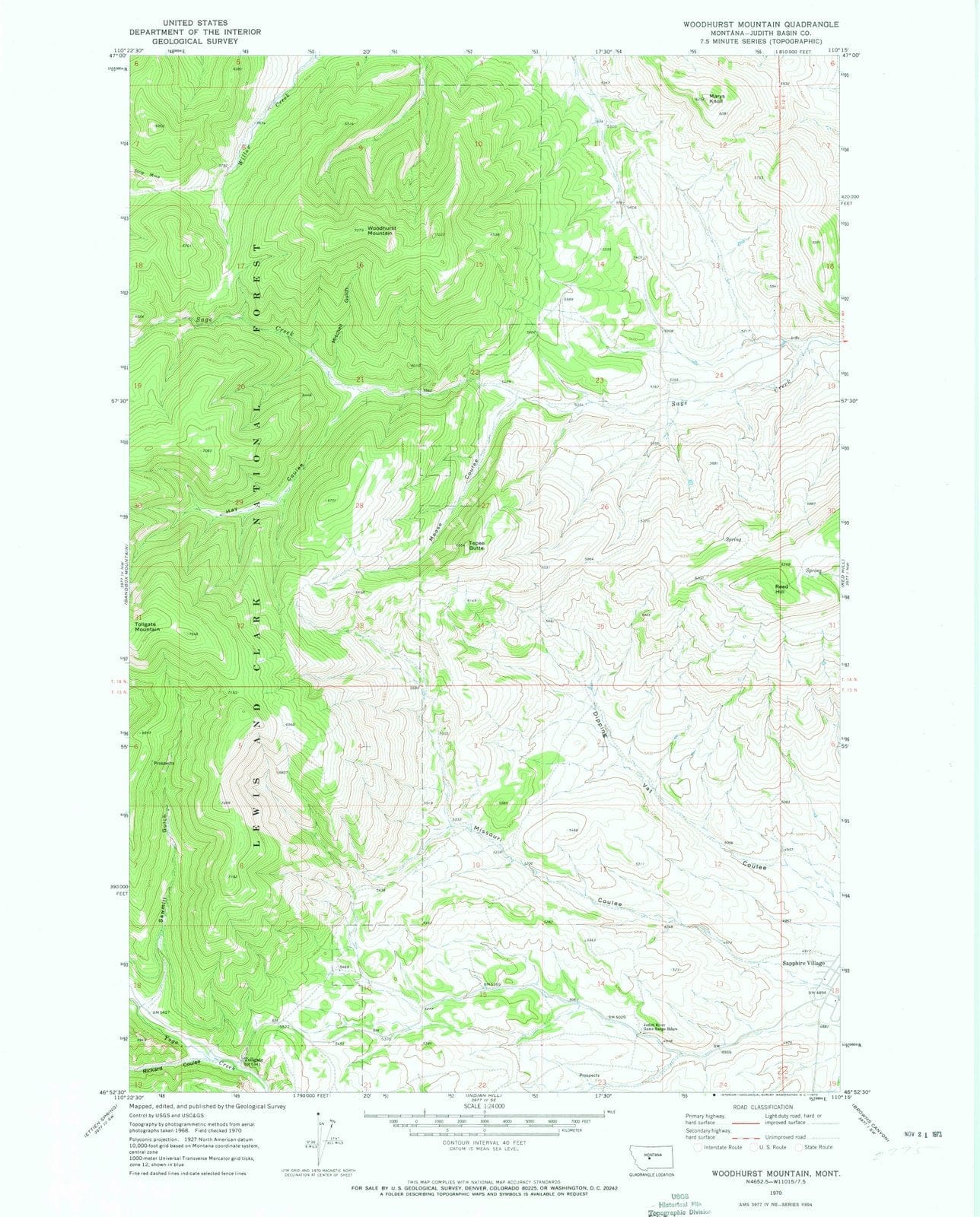 1970 Woodhurst Mountain, MT - Montana - USGS Topographic Map