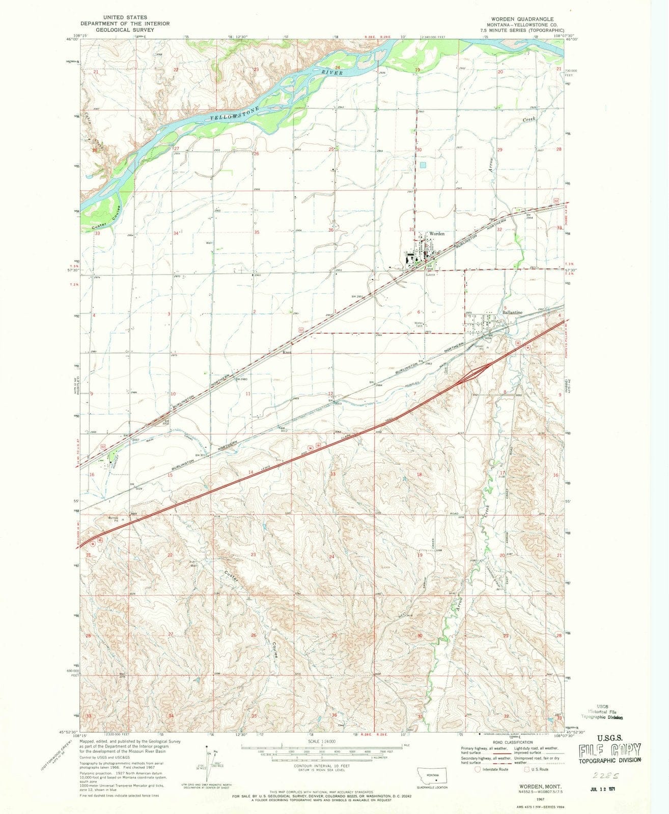 1967 Worden, MT - Montana - USGS Topographic Map