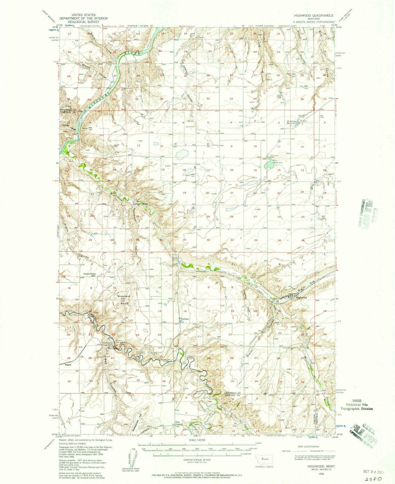 1956 Highwood, MT - Montana - USGS Topographic Map