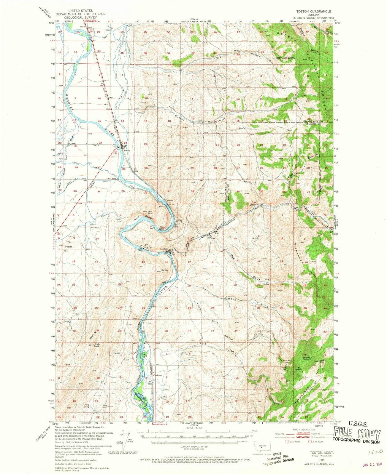 1949 Toston, MT - Montana - USGS Topographic Map