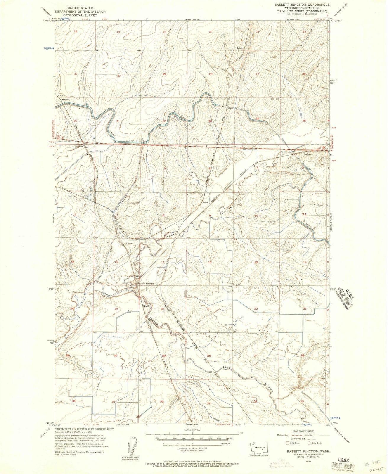 1956 Bassett Junction, WA - Washington - USGS Topographic Map