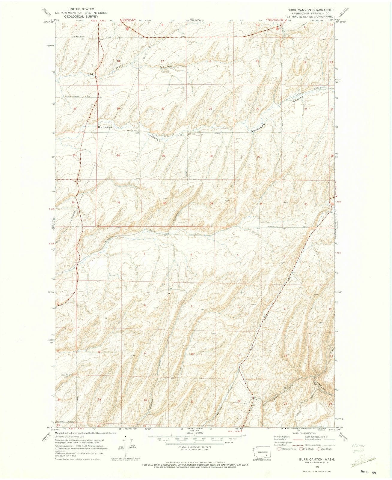 1970 Burr Canyon, WA - Washington - USGS Topographic Map
