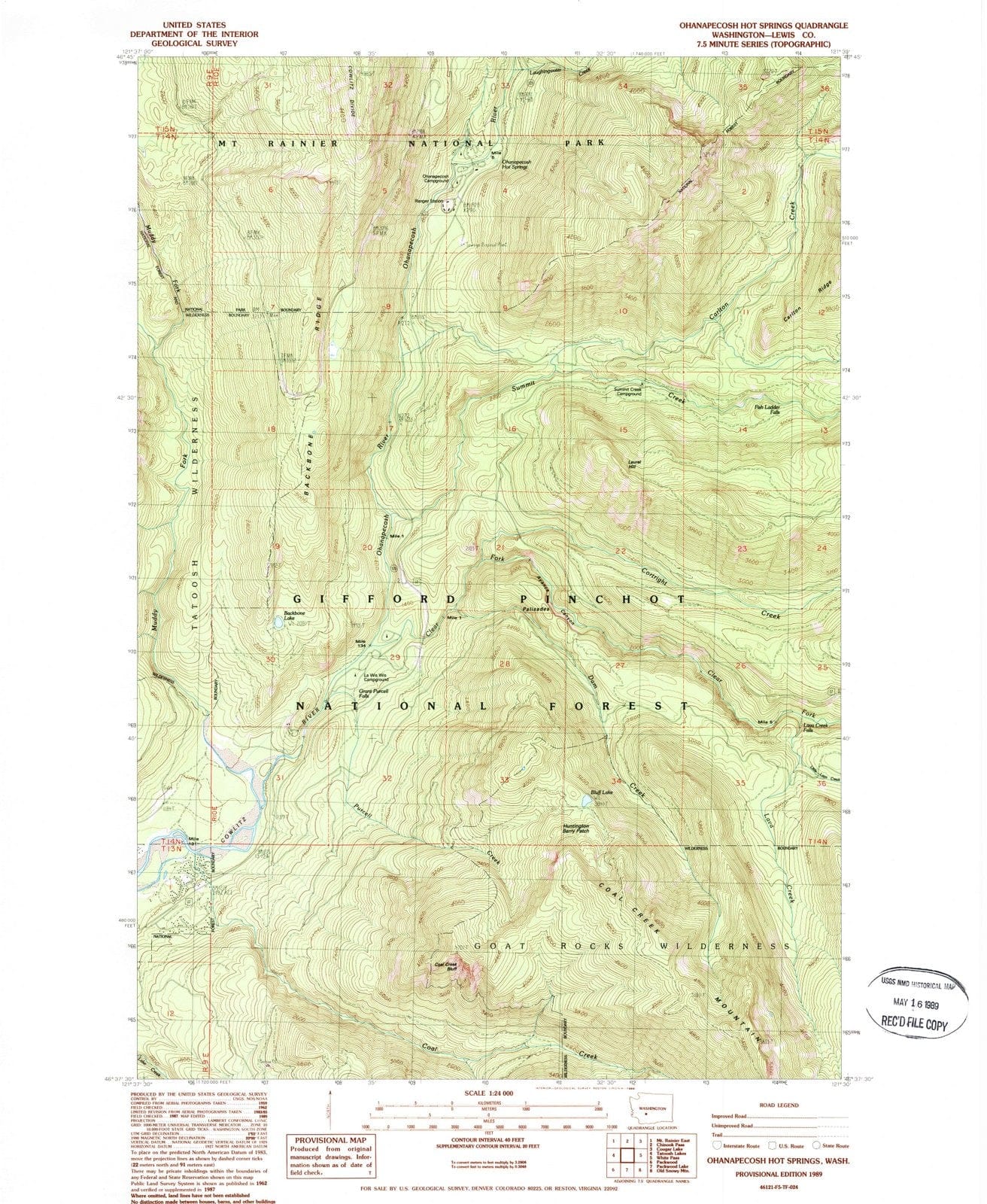 1989 Ohanapecosh Hot Springs, WA - Washington - USGS Topographic Map