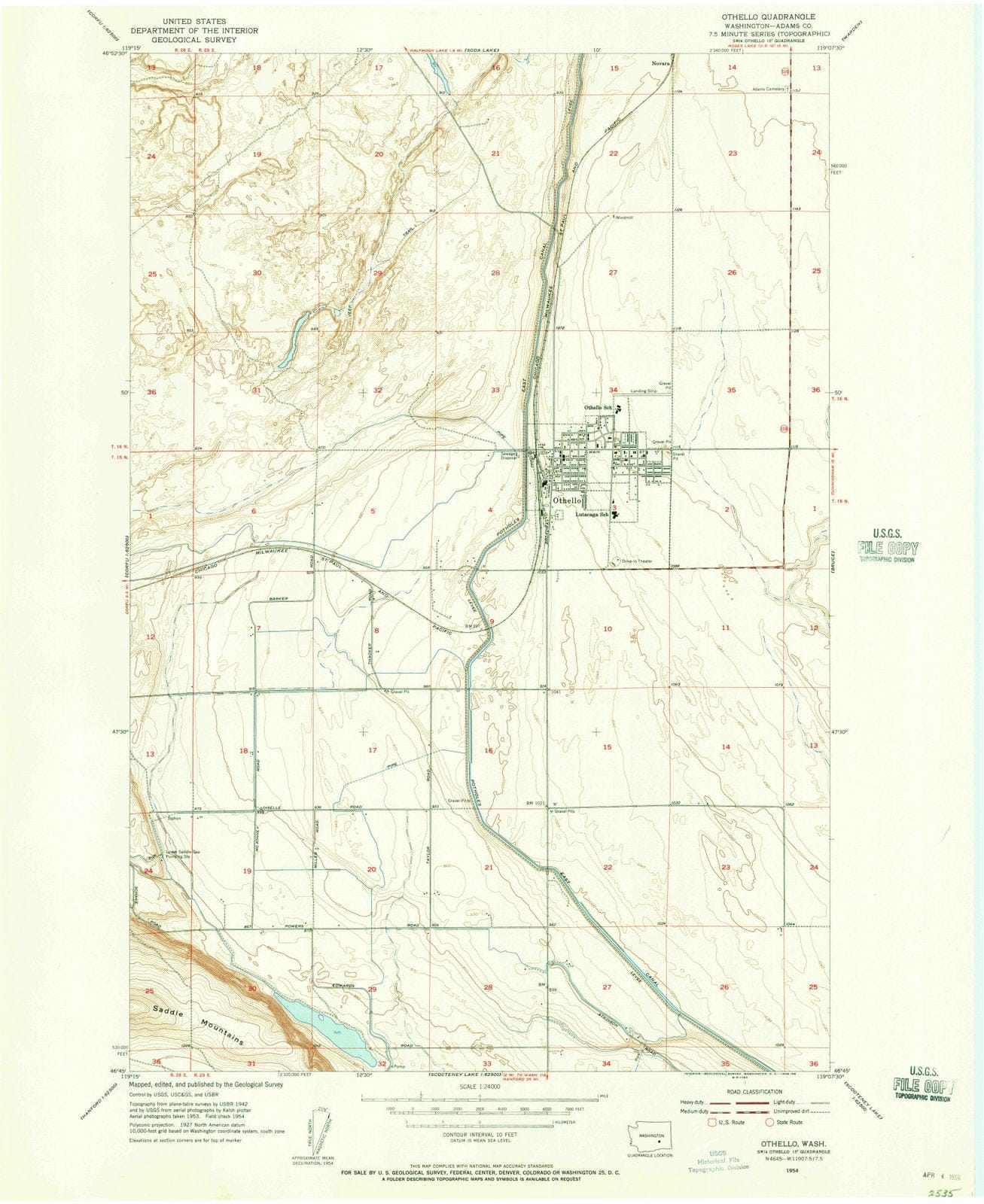 1954 Othello, WA - Washington - USGS Topographic Map