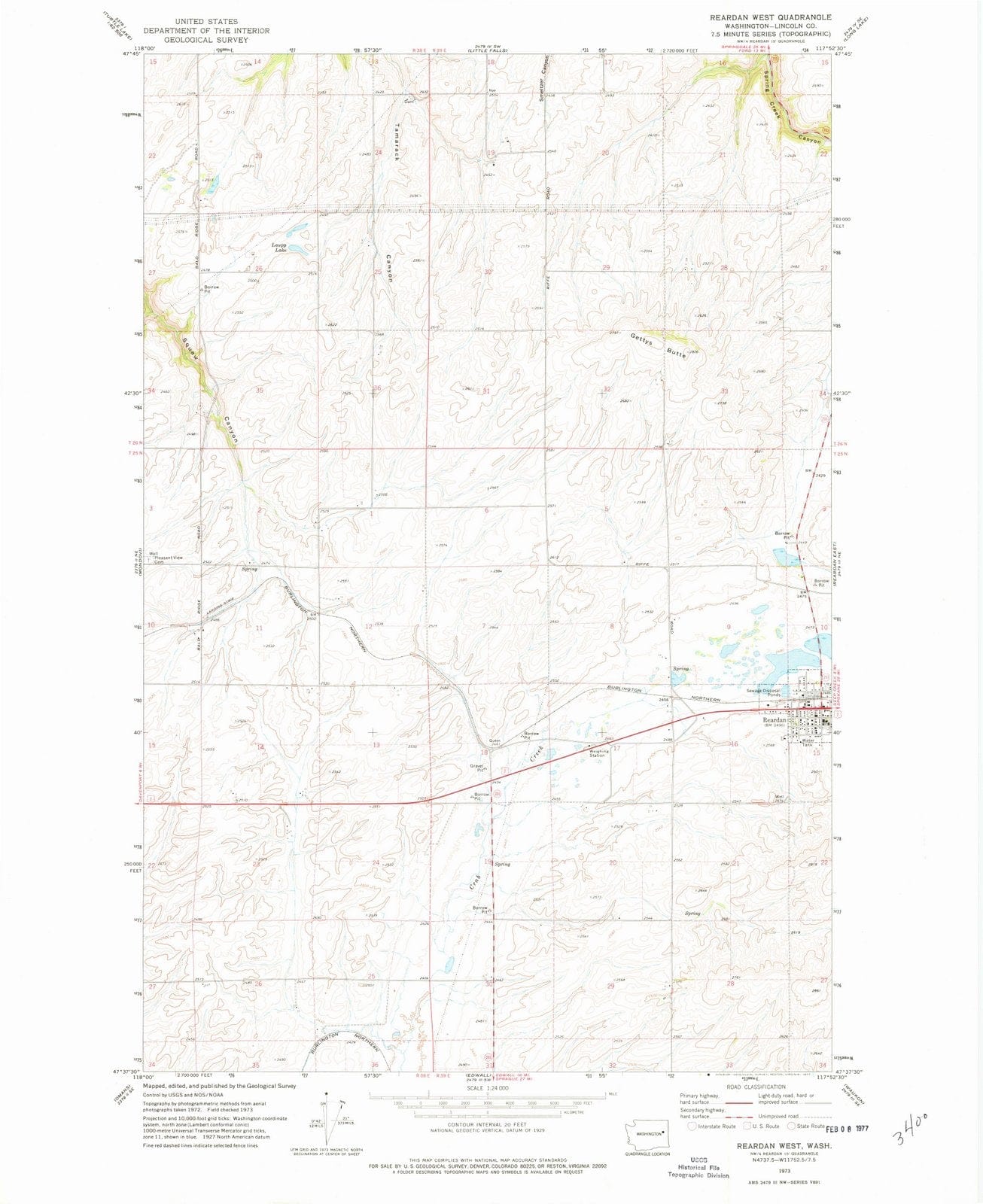 1973 Reardan West, WA - Washington - USGS Topographic Map