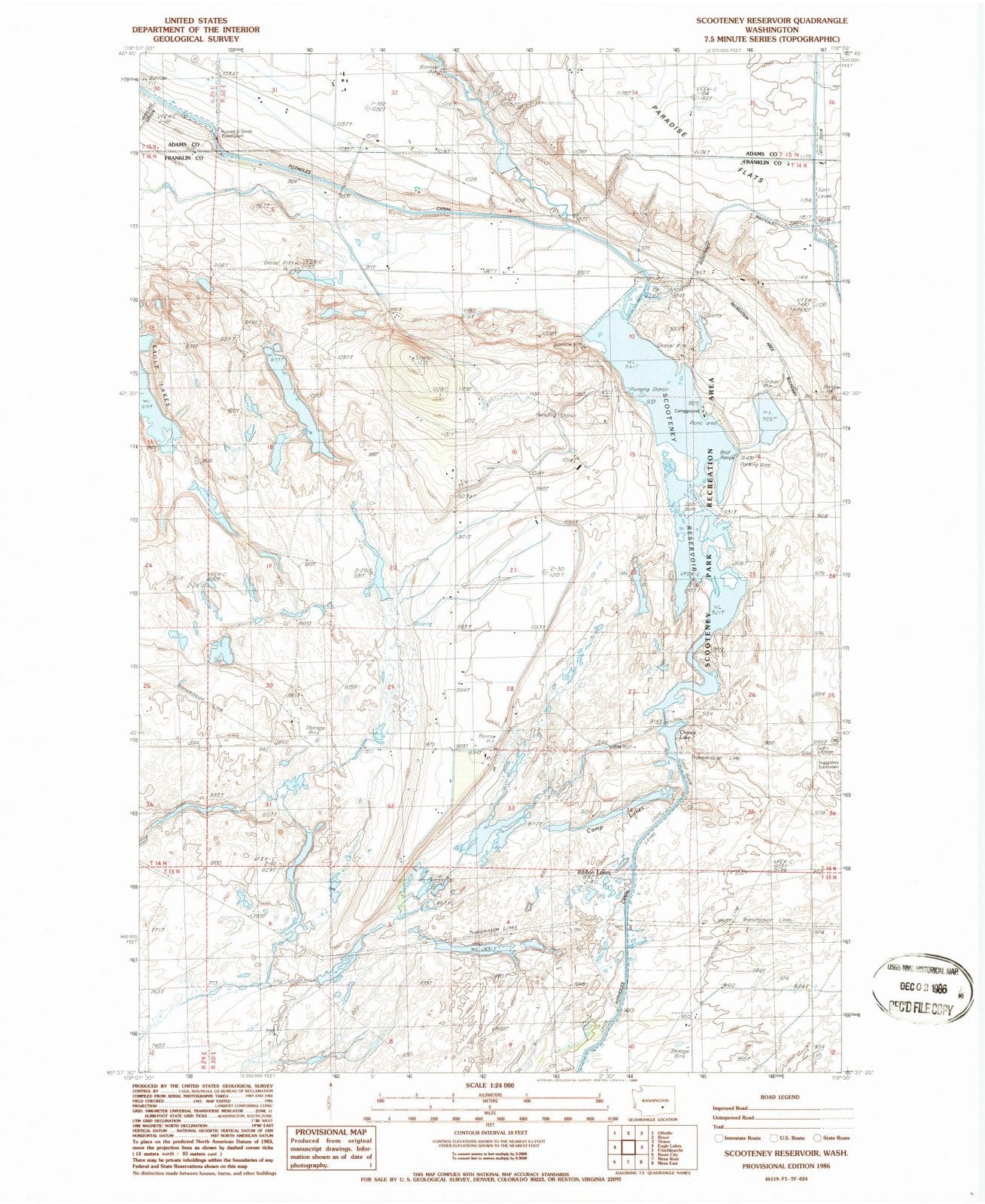 1986 Scooteney Reservoir, WA - Washington - USGS Topographic Map