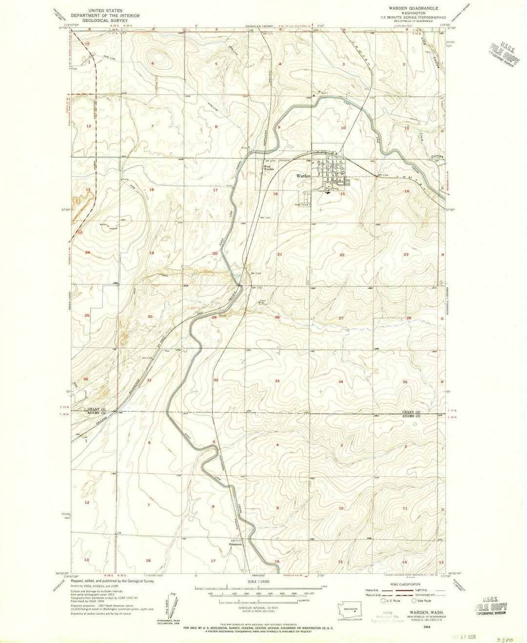 1954 Warden, WA - Washington - USGS Topographic Map