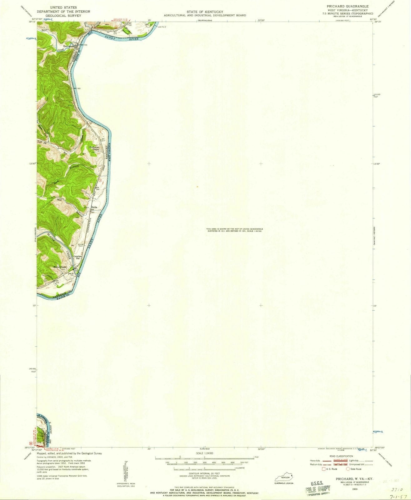 1953 Prichard, WV - West Virginia - USGS Topographic Map