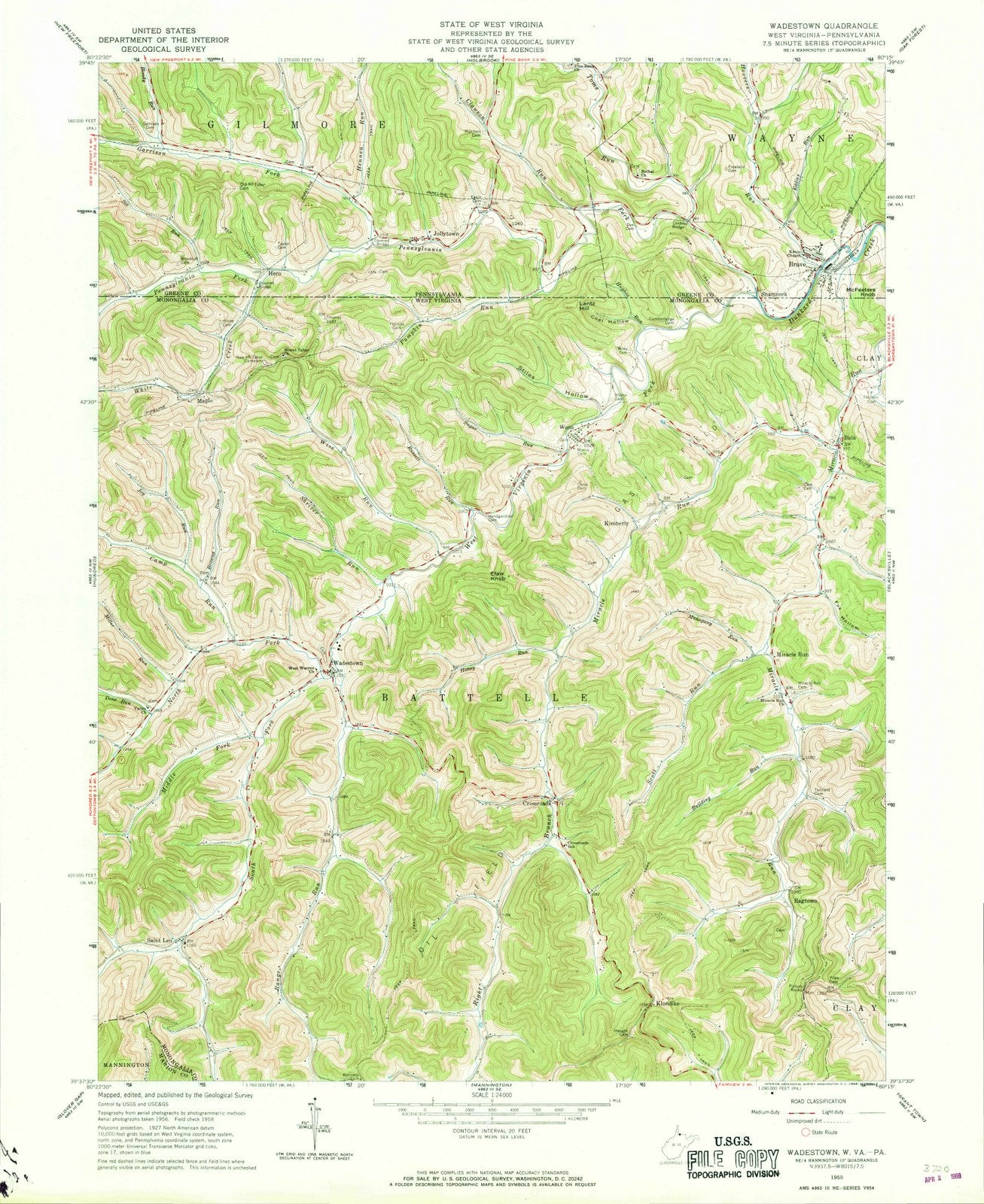 1958 Wadestown, WV - West Virginia - USGS Topographic Map