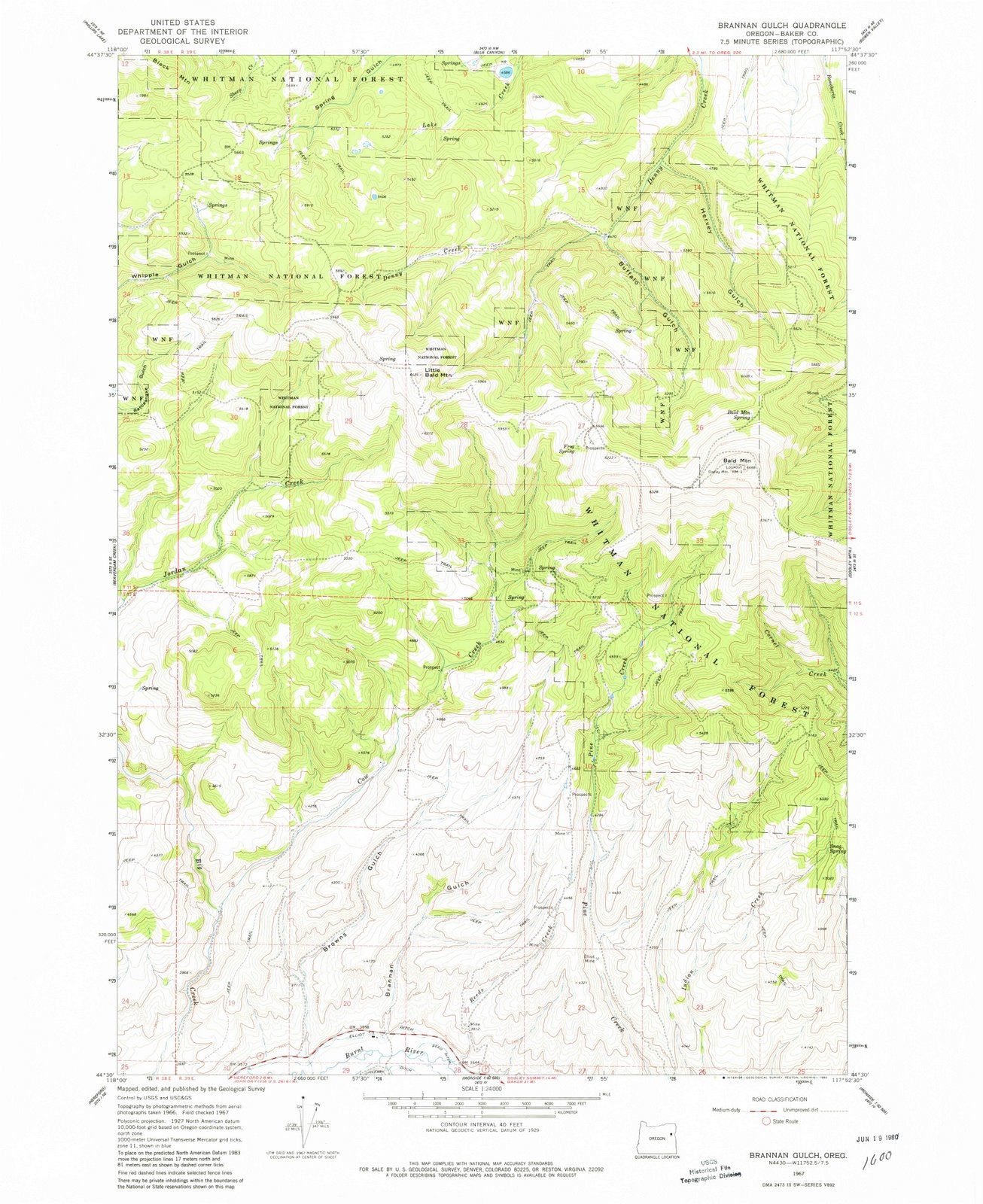 1967 Brannan Gulch, OR - Oregon - USGS Topographic Map