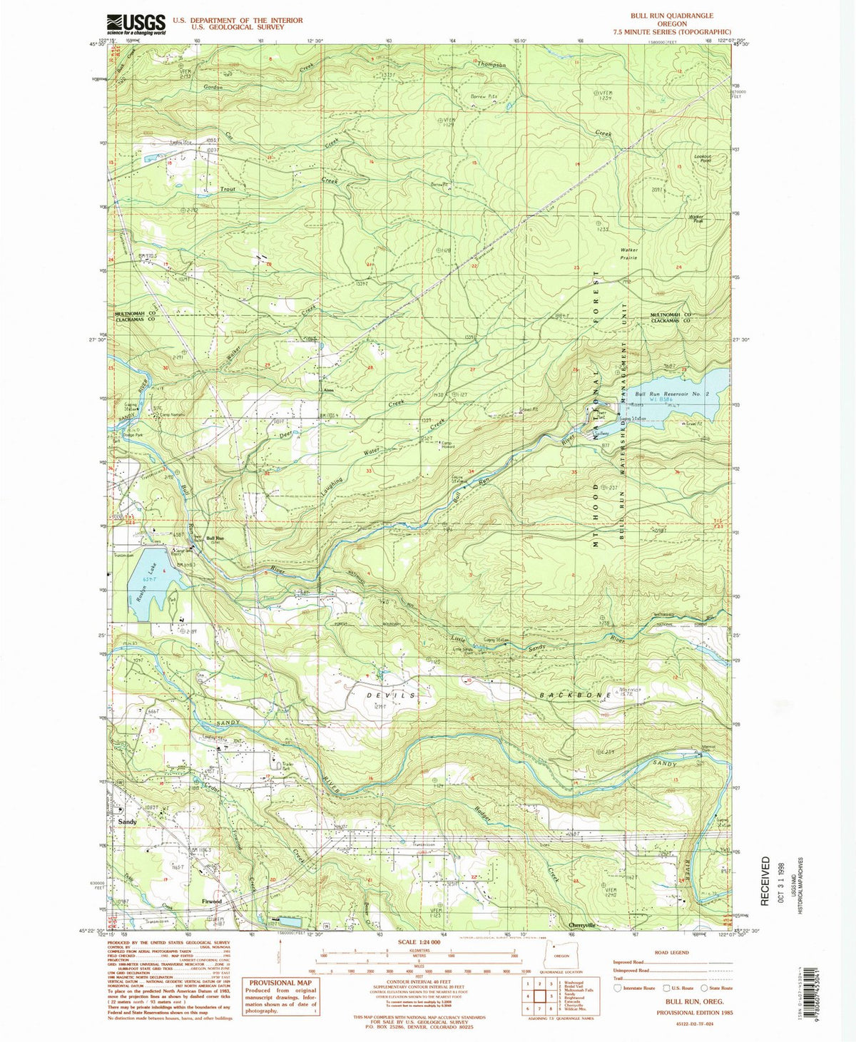 1985 Bull Run, OR - Oregon - USGS Topographic Map