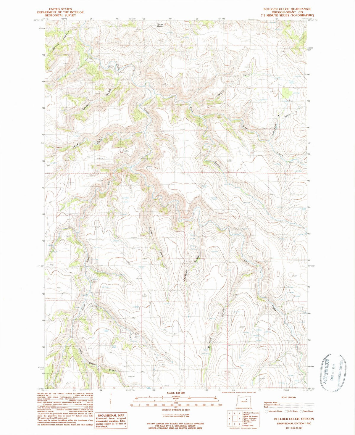 1990 Bullock Gulch, OR - Oregon - USGS Topographic Map