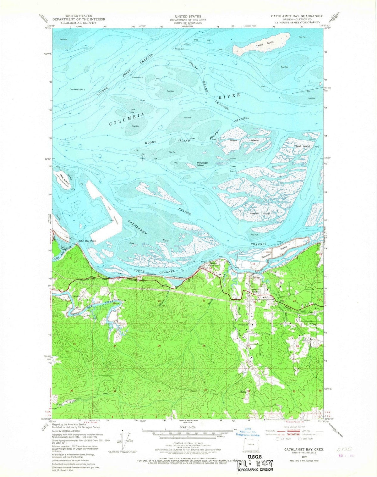 1949 Cathlamet Bay, OR - Oregon - USGS Topographic Map